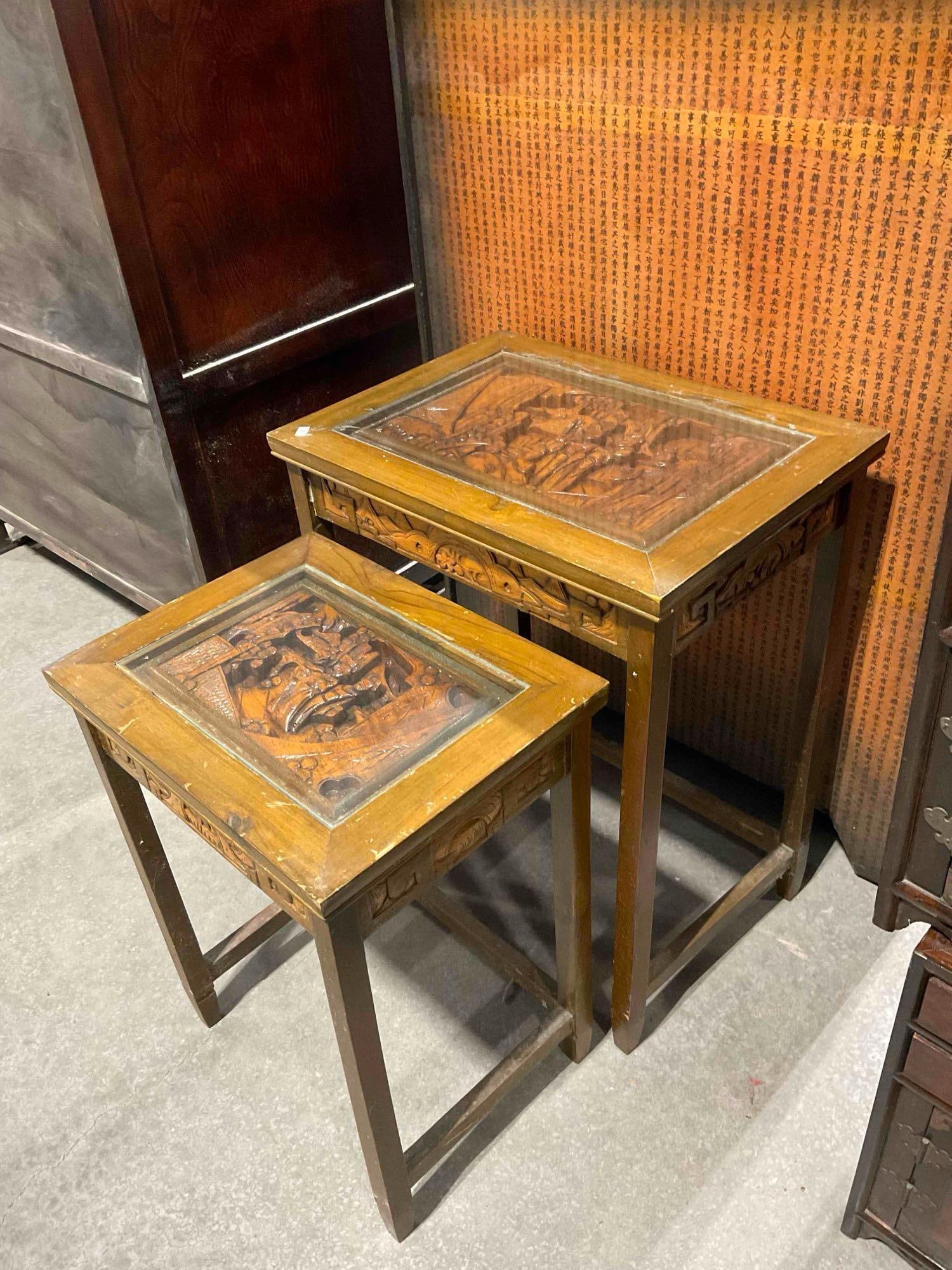 Pair of Vintage Asian Style Wood Nesting Tables w/ Carved Ladies & Glass Tops. Good Condition. - 3