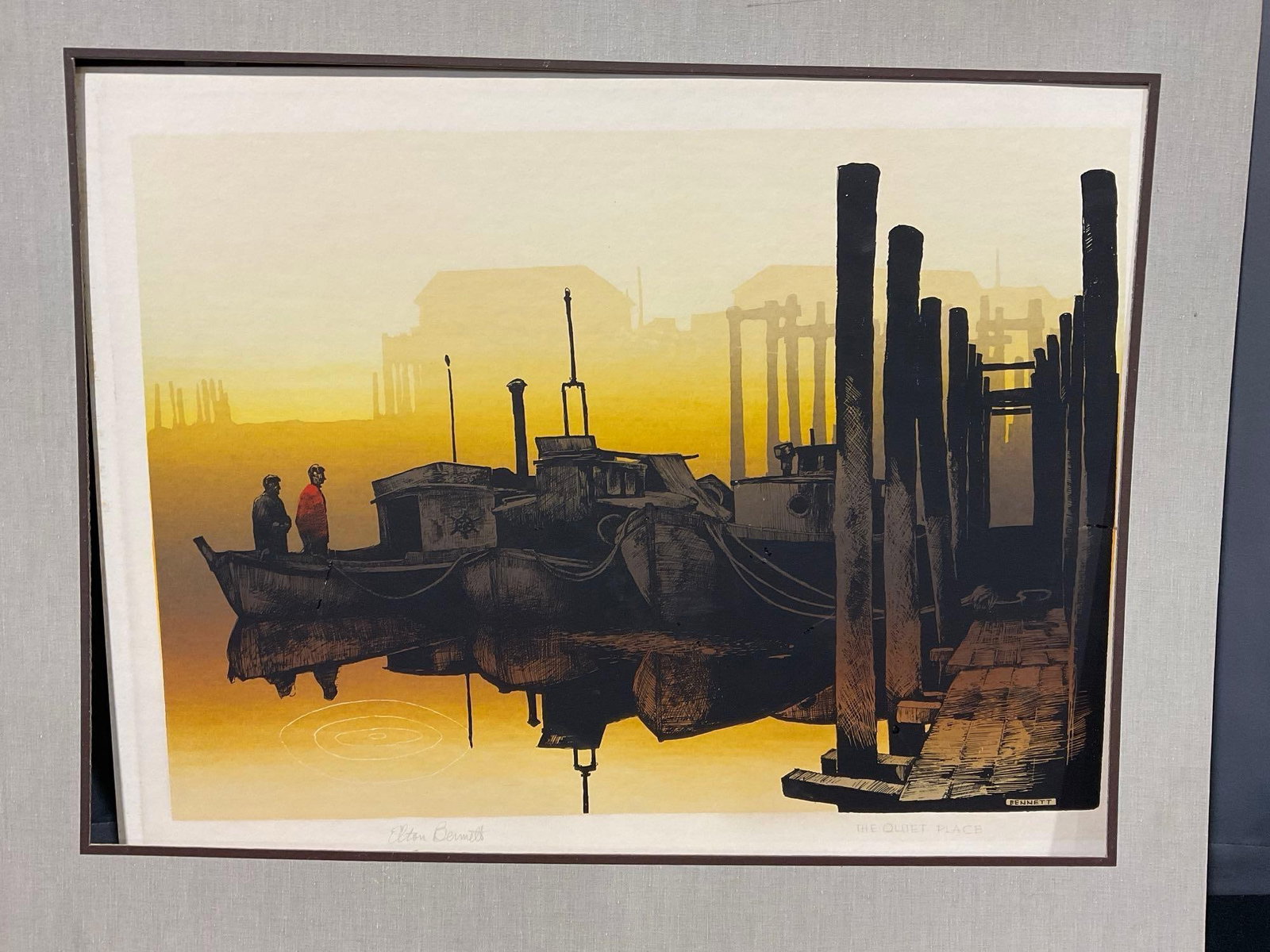 Unframed Elton Bennett Serigraph the Quiet Place, Brown & Yellow Tones, Boats Moored at the dock: Unframed Elton Bennett Serigraph the Quiet Place, Brown & Yellow Tones, Boats Moored at the Docks Appears to be in good shape. The piece measures approx 24h x 29w x 3d inches. See pics. E-5360