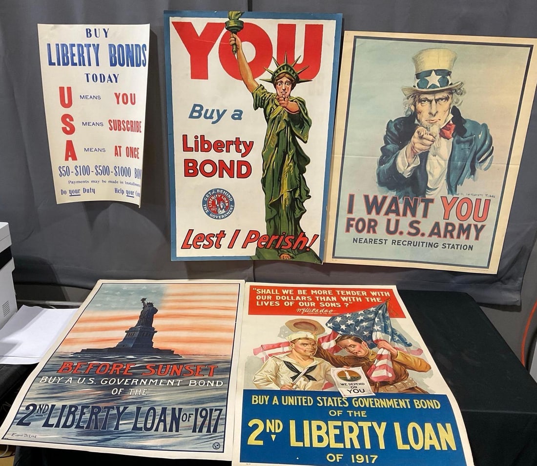5 1917 2nd Liberty Loan & Recruiting Posters, Before Sunset, Uncle Sam, Statue of Liberty: Appears to be in good shape. The piece measures approx 23h x 3w x 3d inches when rolled up. See pics. E-5360