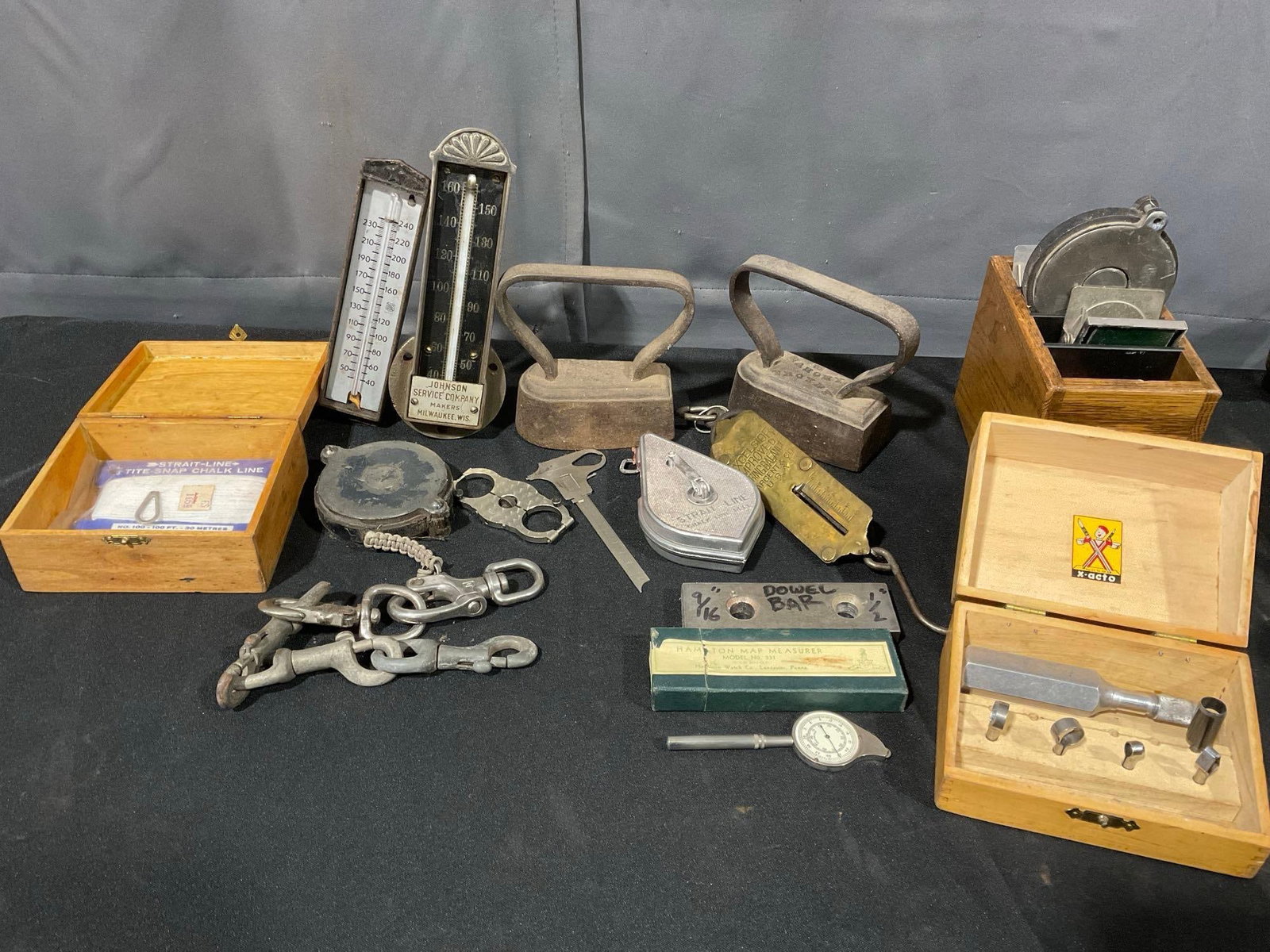 Sad Irons, 2 Gauges, Metal Magnets, Chalk Line, X-Acto w/case, Brass Scale & More (1 of 6)