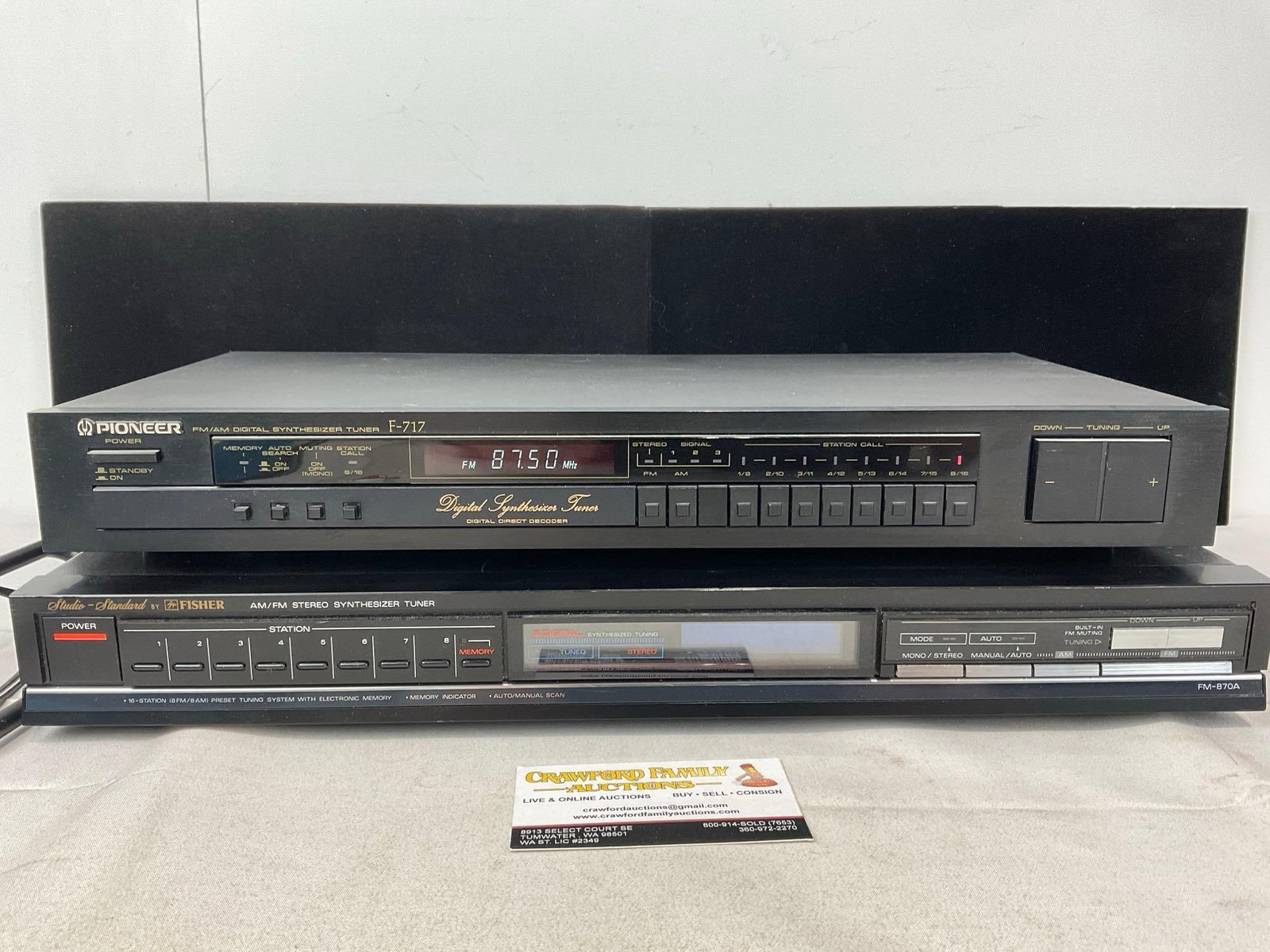 Pair of AM/FM Synthesizer Tuners, Pioneer F-717 & Studio-Standard by Fisher FM-870A, tested/working: Appears to be in good shape. The piece measures approx 6h x 18w x 12d inches. See pics. E-5830