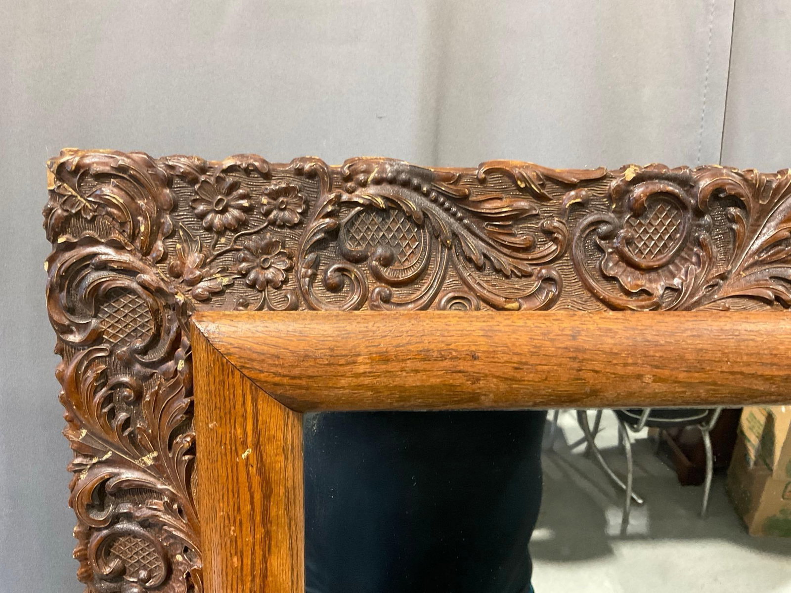 Antique Framed Mirror, scrollwork & floral detail + Oak frame, 29h x 33w x 5d inches - 2