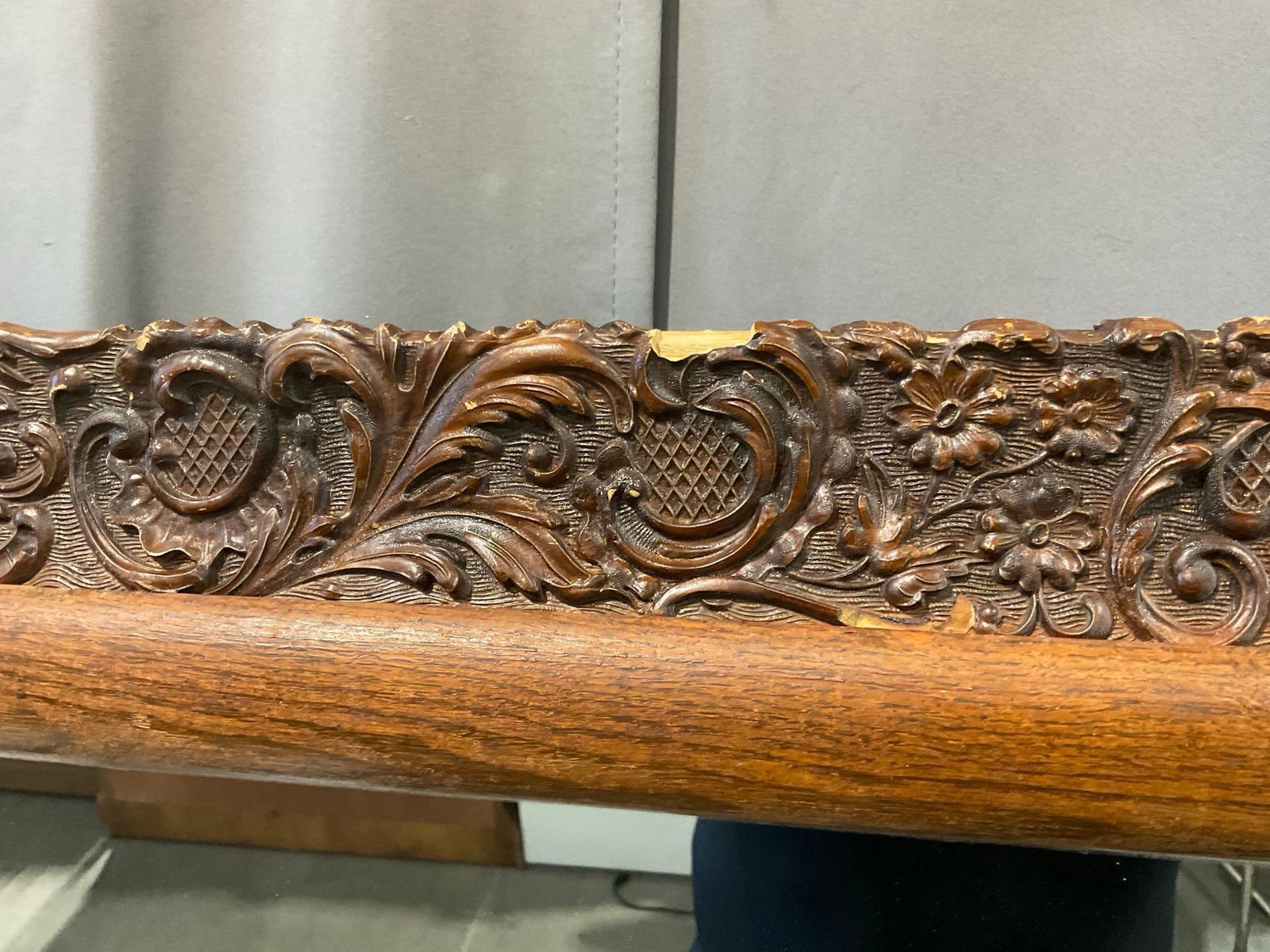 Antique Framed Mirror, scrollwork & floral detail + Oak frame, 29h x 33w x 5d inches - 3