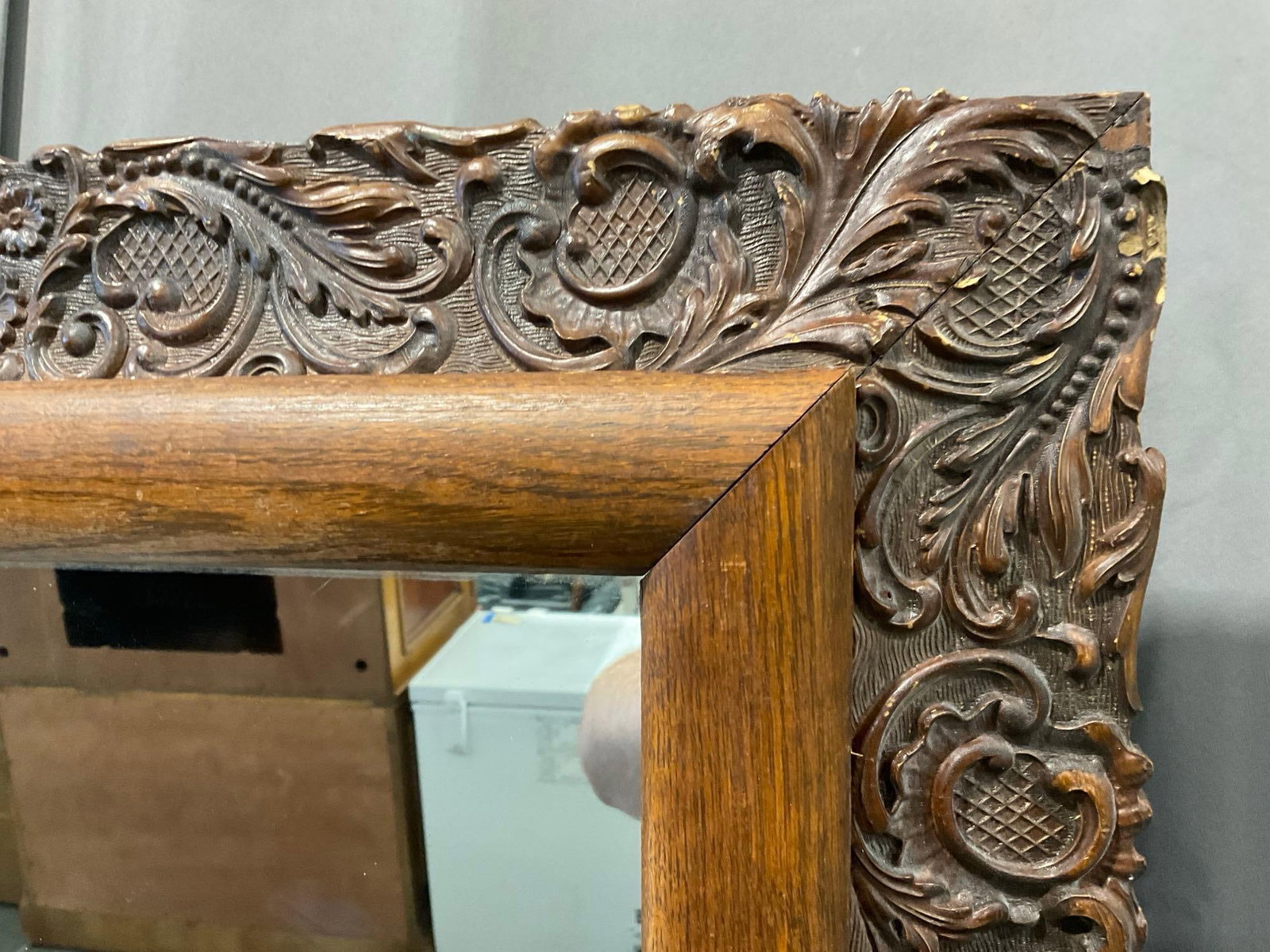 Antique Framed Mirror, scrollwork & floral detail + Oak frame, 29h x 33w x 5d inches - 4