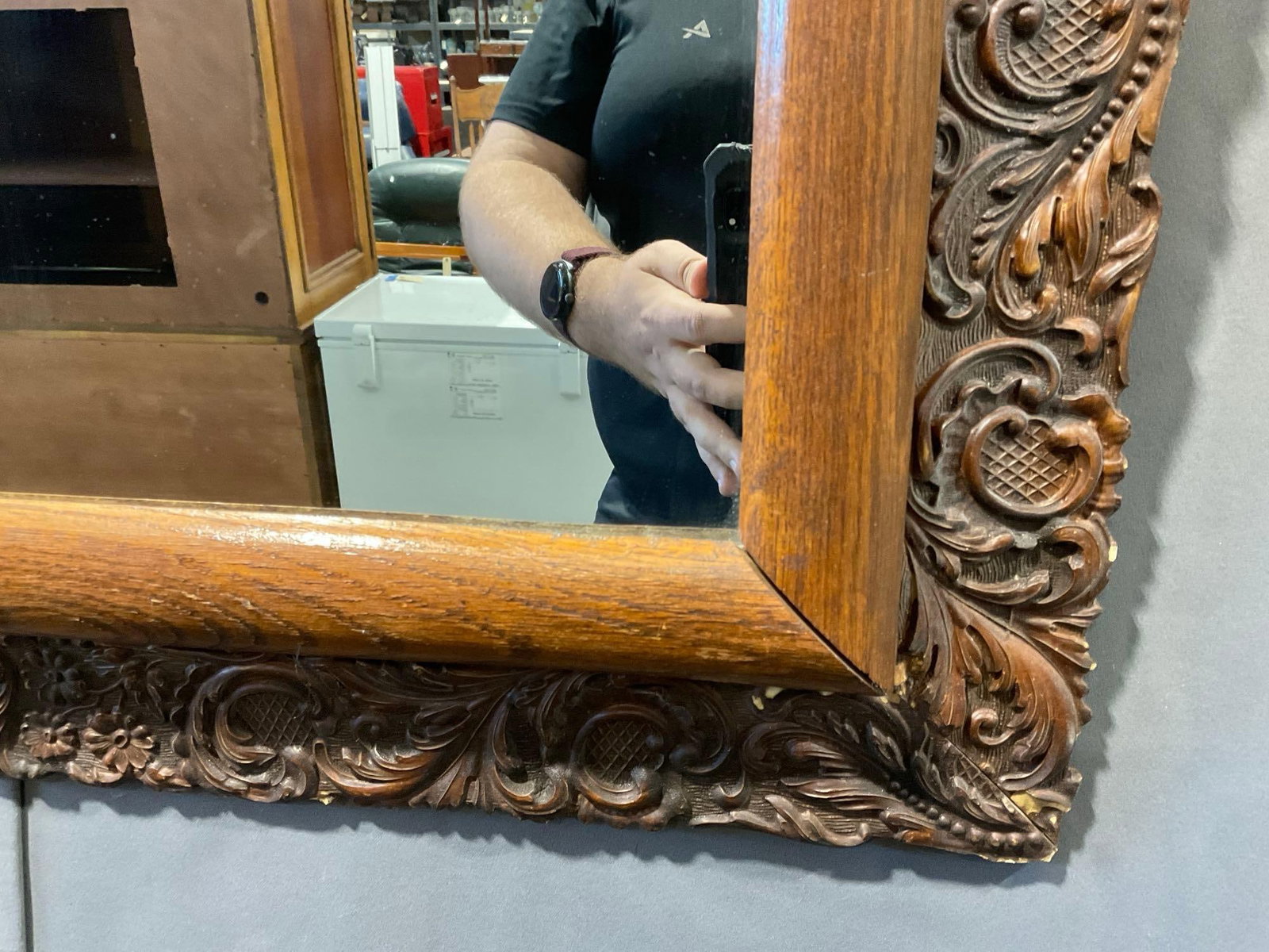 Antique Framed Mirror, scrollwork & floral detail + Oak frame, 29h x 33w x 5d inches - 5