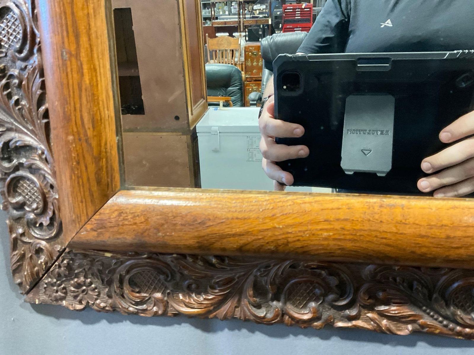 Antique Framed Mirror, scrollwork & floral detail + Oak frame, 29h x 33w x 5d inches - 6