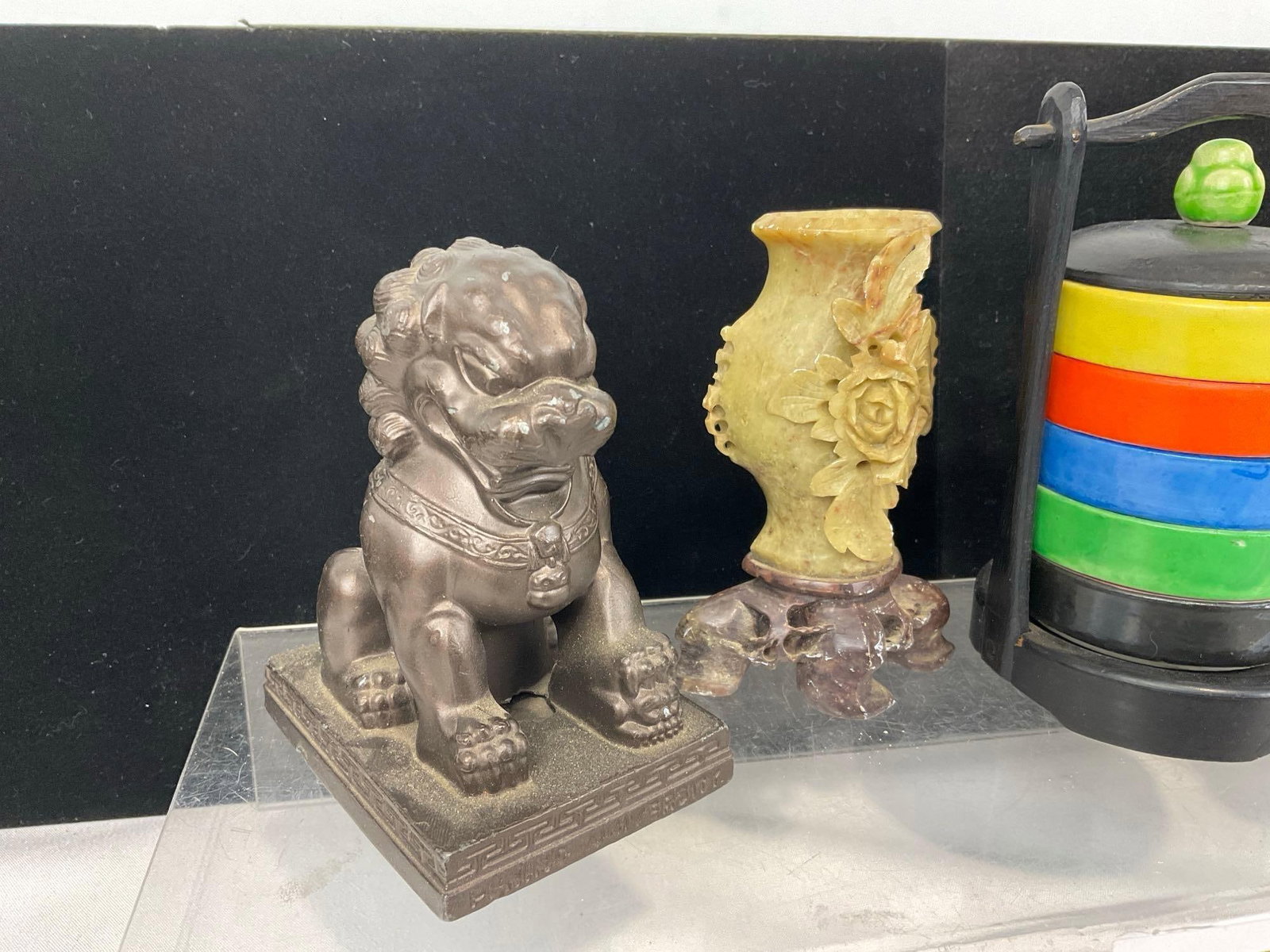 2 Soapstone Foo Dogs, Cast Metal Food Dog, Carved Jade(?) Vase, & Ceramic Layered Mini Server - 2