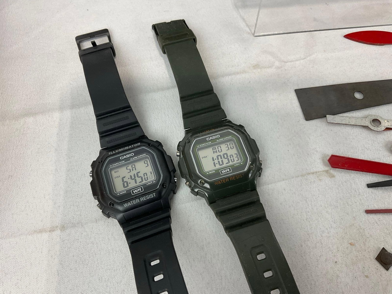 2 Casio F-108WH Watches, Westclox & Lux Desk Clocks, 2 E. Howard & Co movements, & clock hand parts - 4