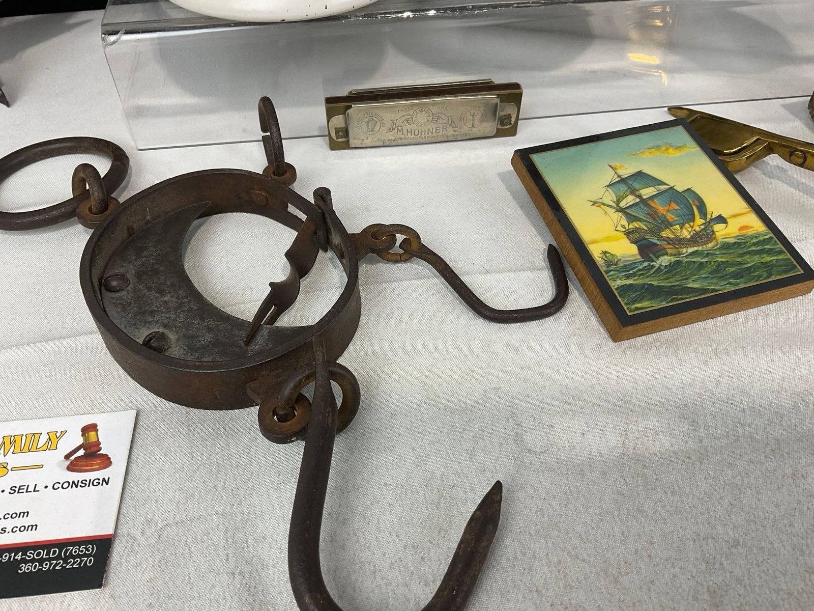 2 90s Budweiser Steins, Cast metal cross, Antique Scale, Framed Belt Buckle, Desk Pen Holder & more - 2