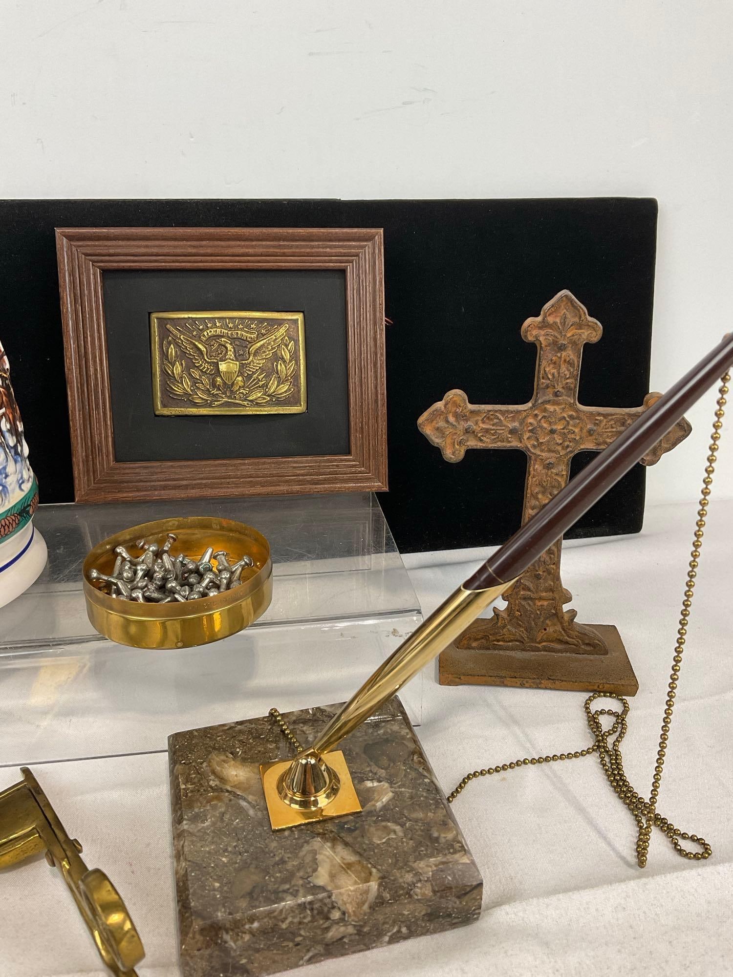 2 90s Budweiser Steins, Cast metal cross, Antique Scale, Framed Belt Buckle, Desk Pen Holder & more - 3