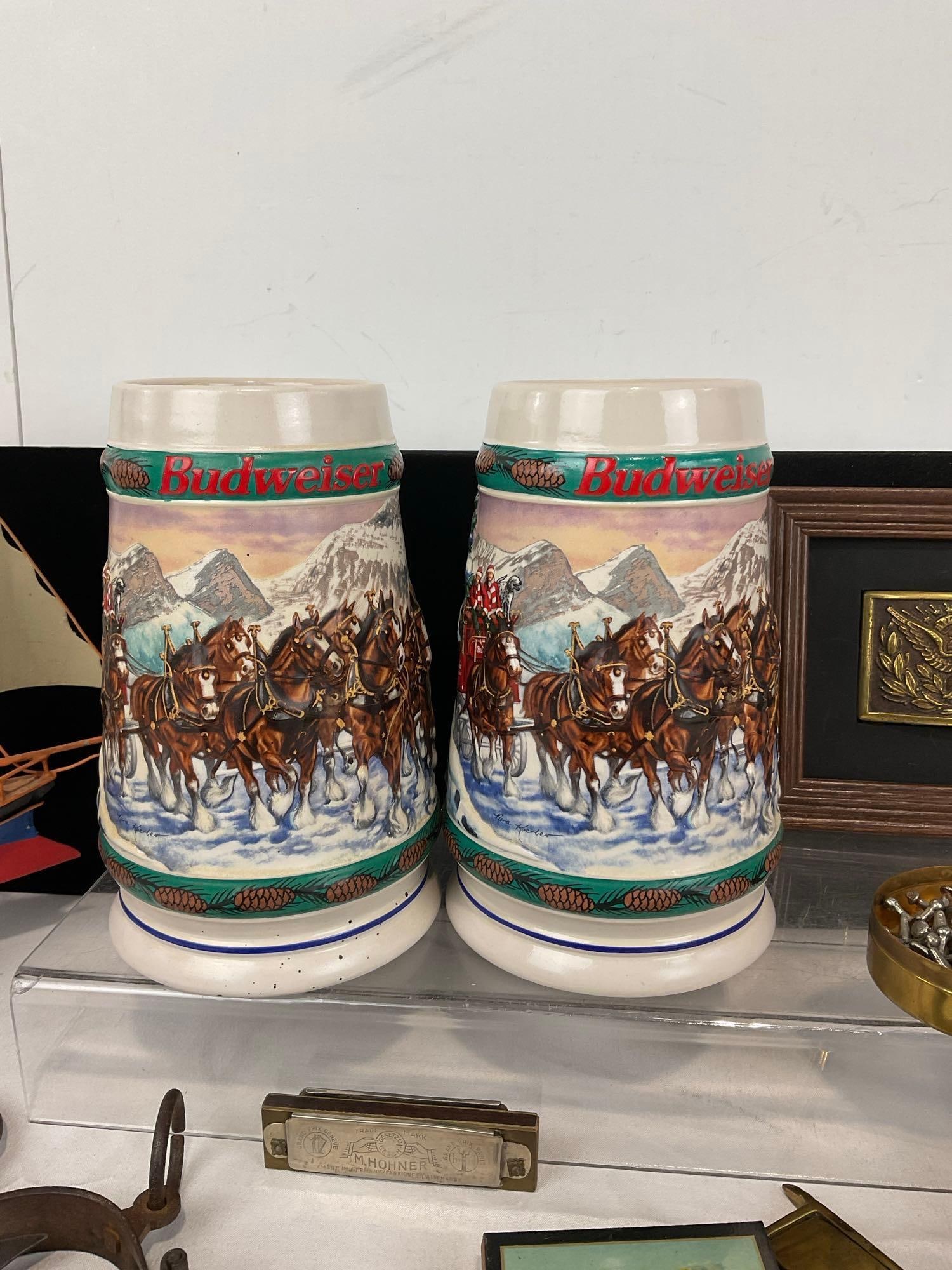 2 90s Budweiser Steins, Cast metal cross, Antique Scale, Framed Belt Buckle, Desk Pen Holder & more - 4