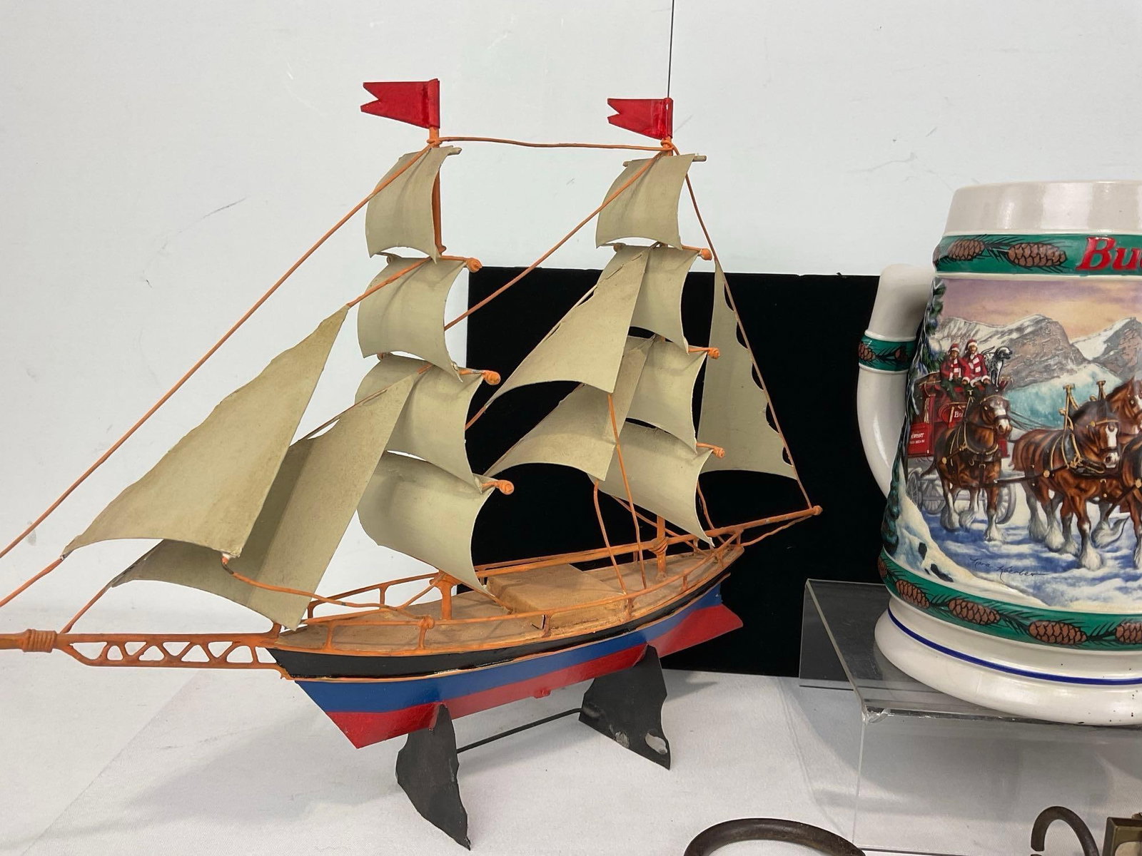 2 90s Budweiser Steins, Cast metal cross, Antique Scale, Framed Belt Buckle, Desk Pen Holder & more - 5