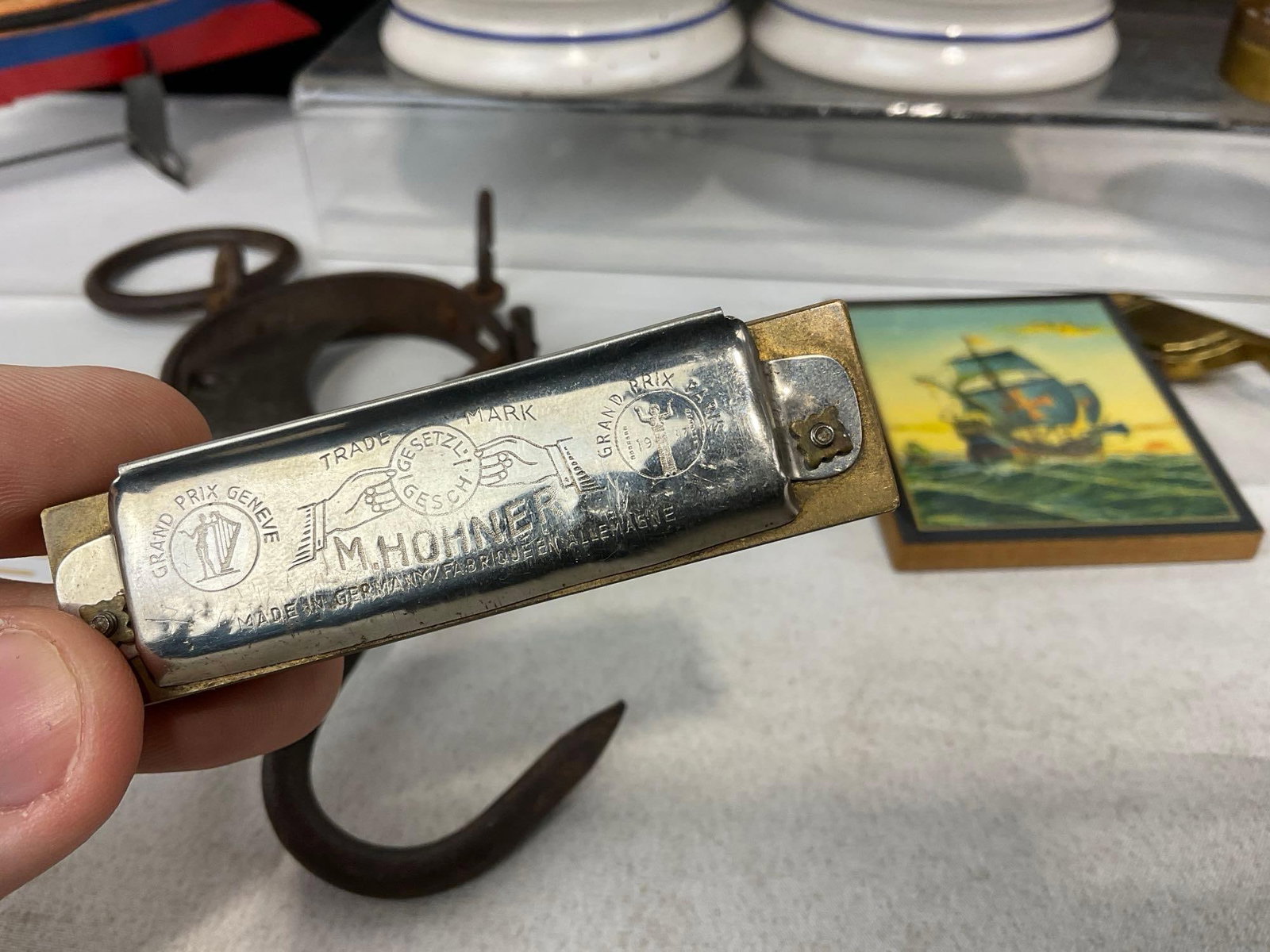 2 90s Budweiser Steins, Cast metal cross, Antique Scale, Framed Belt Buckle, Desk Pen Holder & more - 6