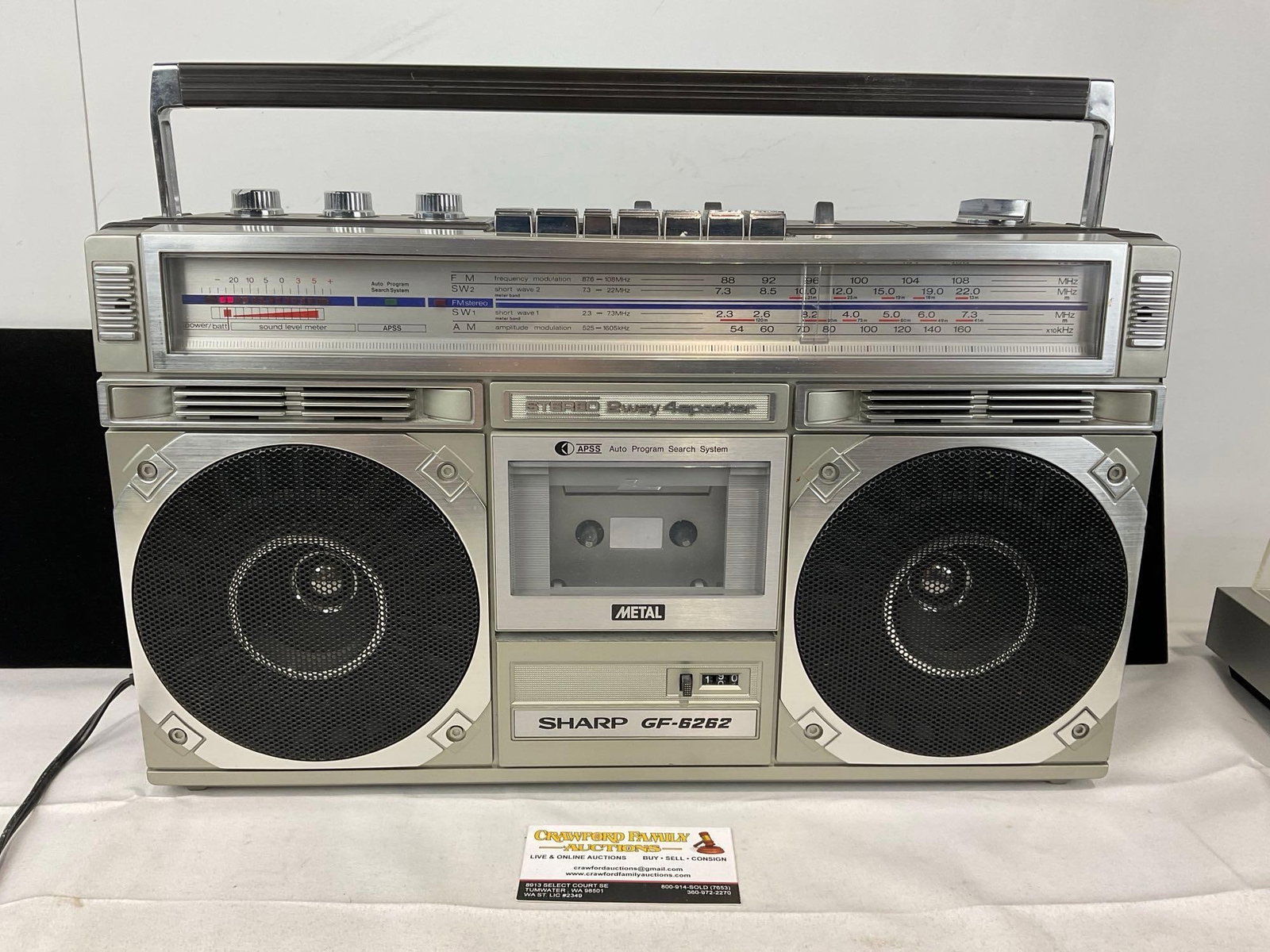 Sharp model GF-6262ZL Stereo Radio-Tape Recorder, No cable included, tested & working: No cable included, tested & working. Appears to be in good shape. The piece measures approx 12h x 17w x 7d inches. See pics. E-5830