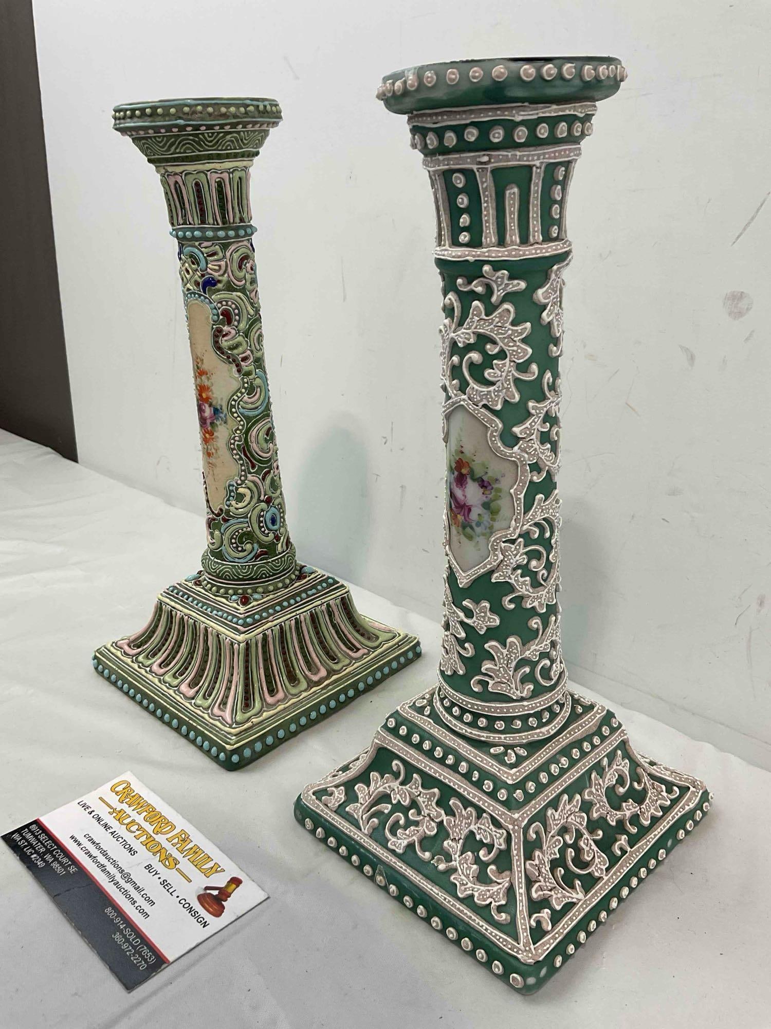 2 pcs Antique Nippon Moriage Green Ceramic Textured Candlestick Holders. Very Good Cond. - 2