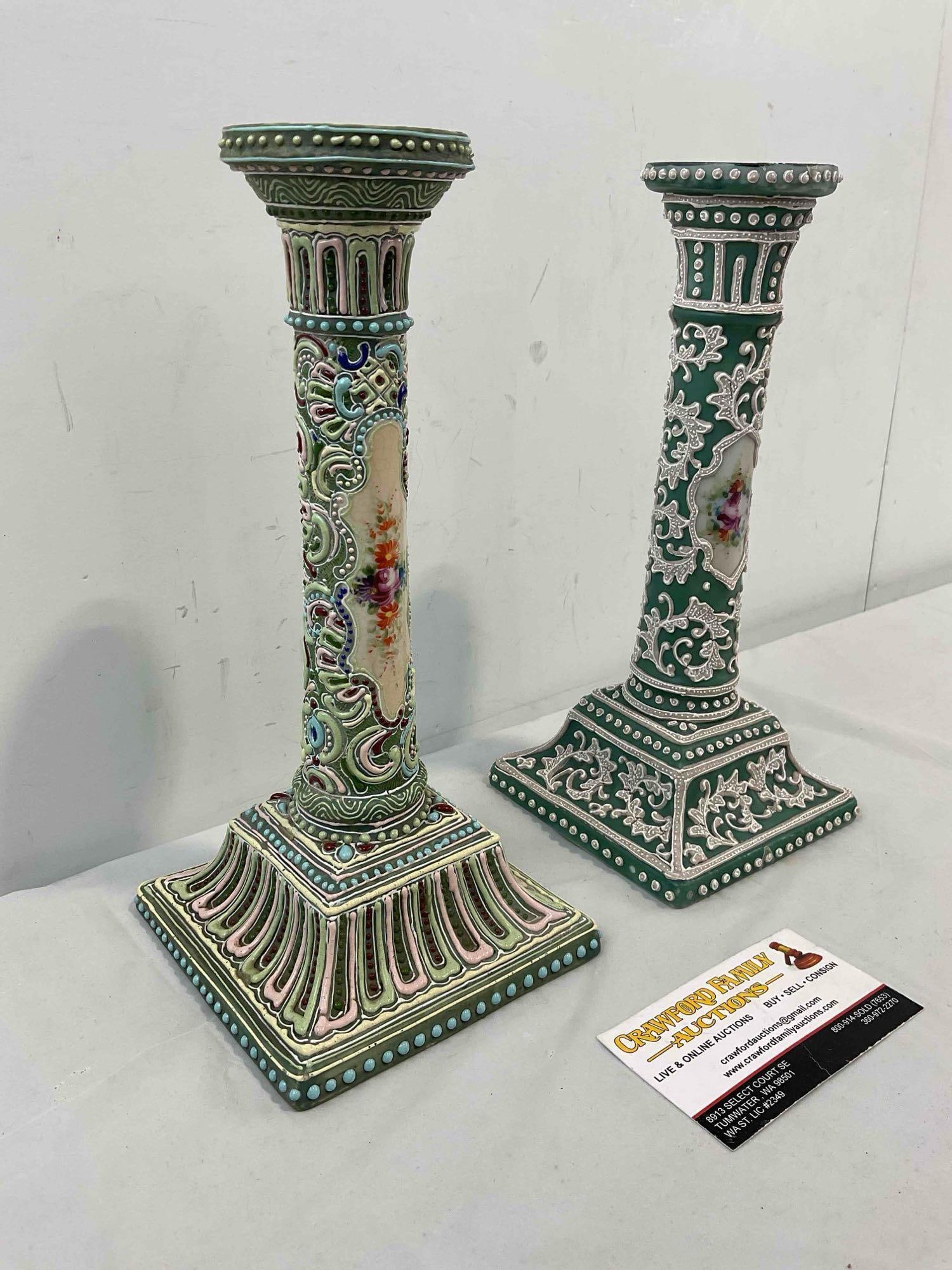 2 pcs Antique Nippon Moriage Green Ceramic Textured Candlestick Holders. Very Good Cond. - 3