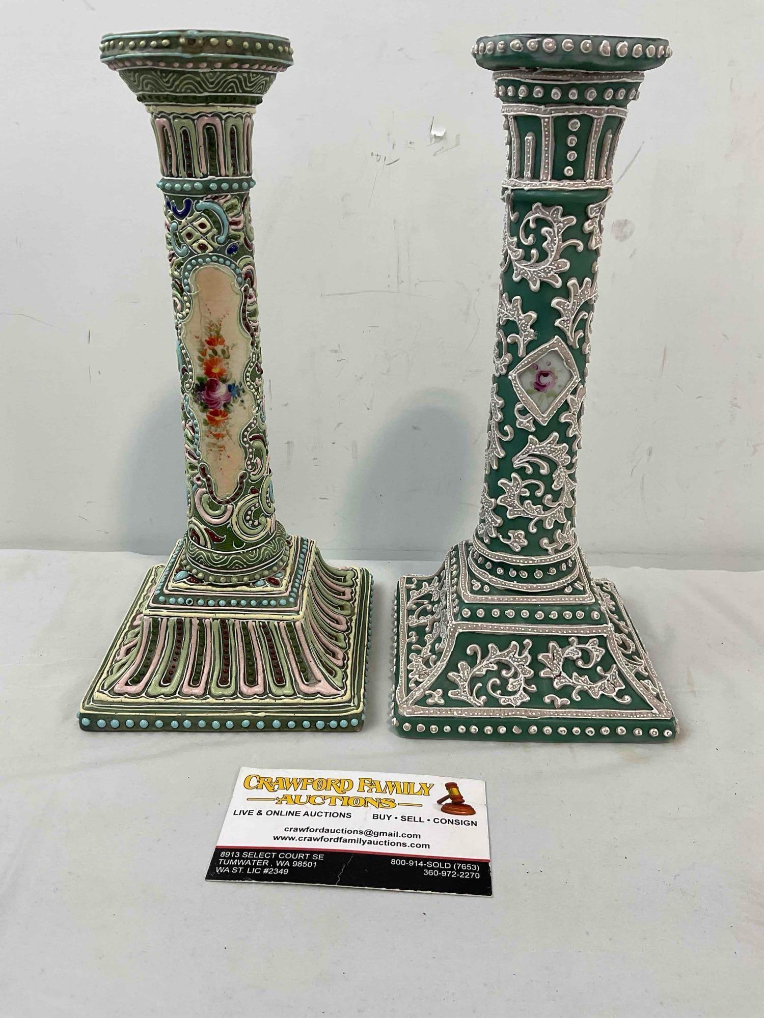 2 pcs Antique Nippon Moriage Green Ceramic Textured Candlestick Holders. Very Good Cond. - 4
