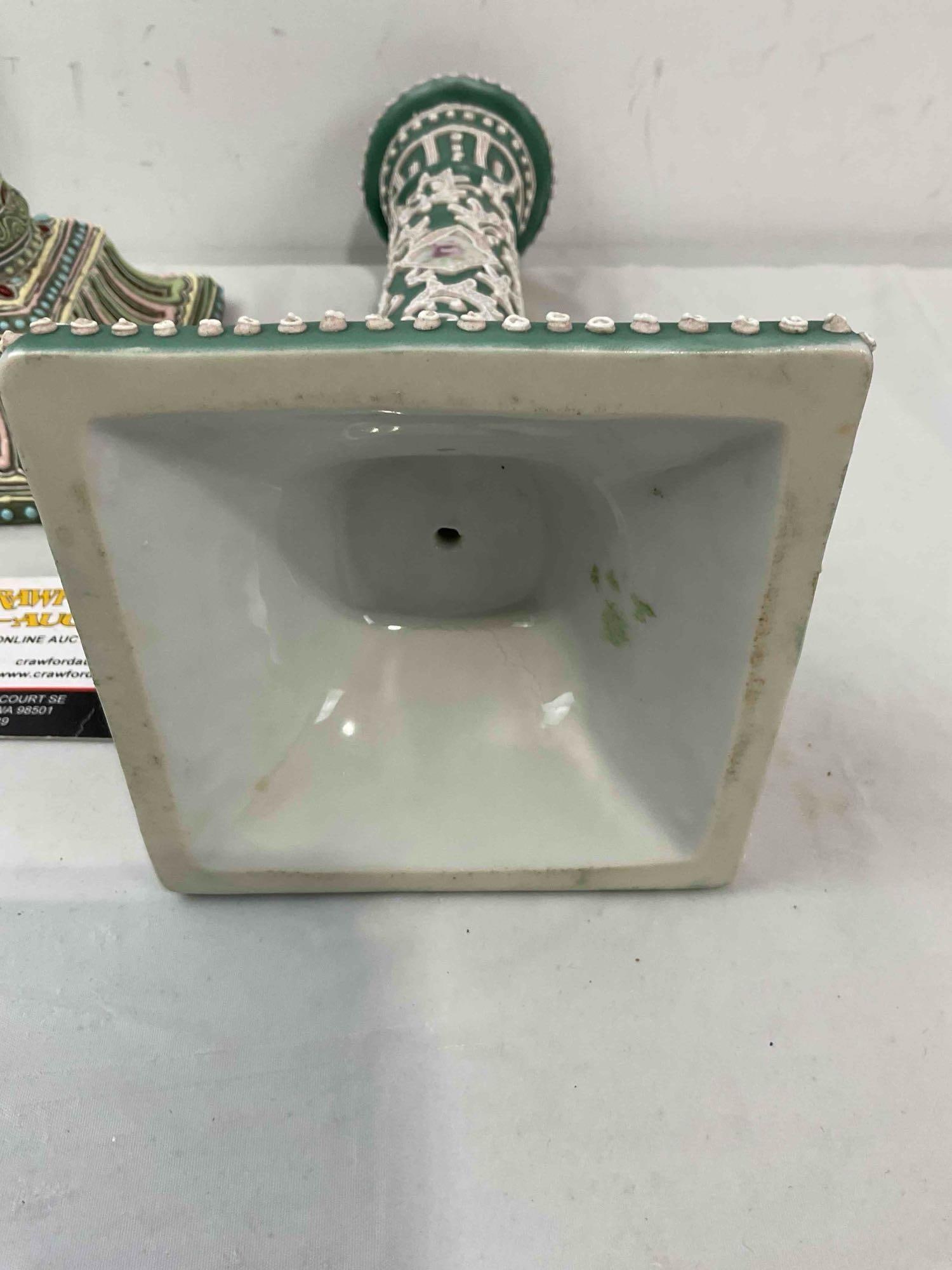 2 pcs Antique Nippon Moriage Green Ceramic Textured Candlestick Holders. Very Good Cond. - 5