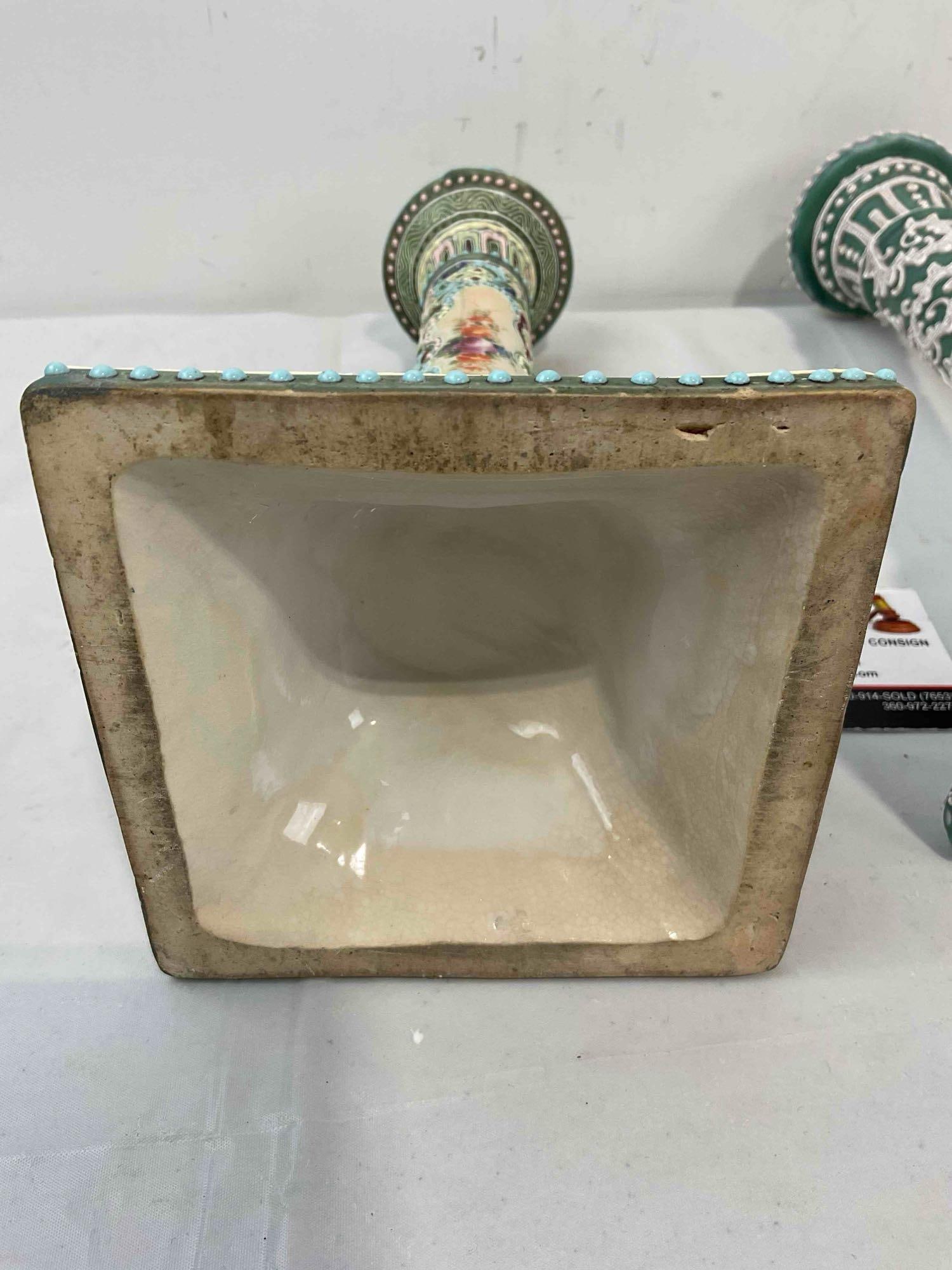 2 pcs Antique Nippon Moriage Green Ceramic Textured Candlestick Holders. Very Good Cond. - 6