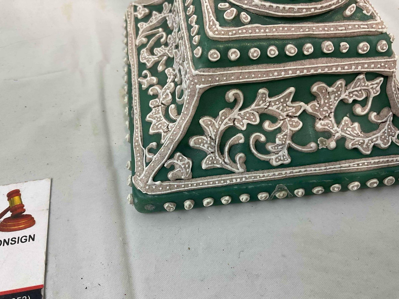 2 pcs Antique Nippon Moriage Green Ceramic Textured Candlestick Holders. Very Good Cond. - 7