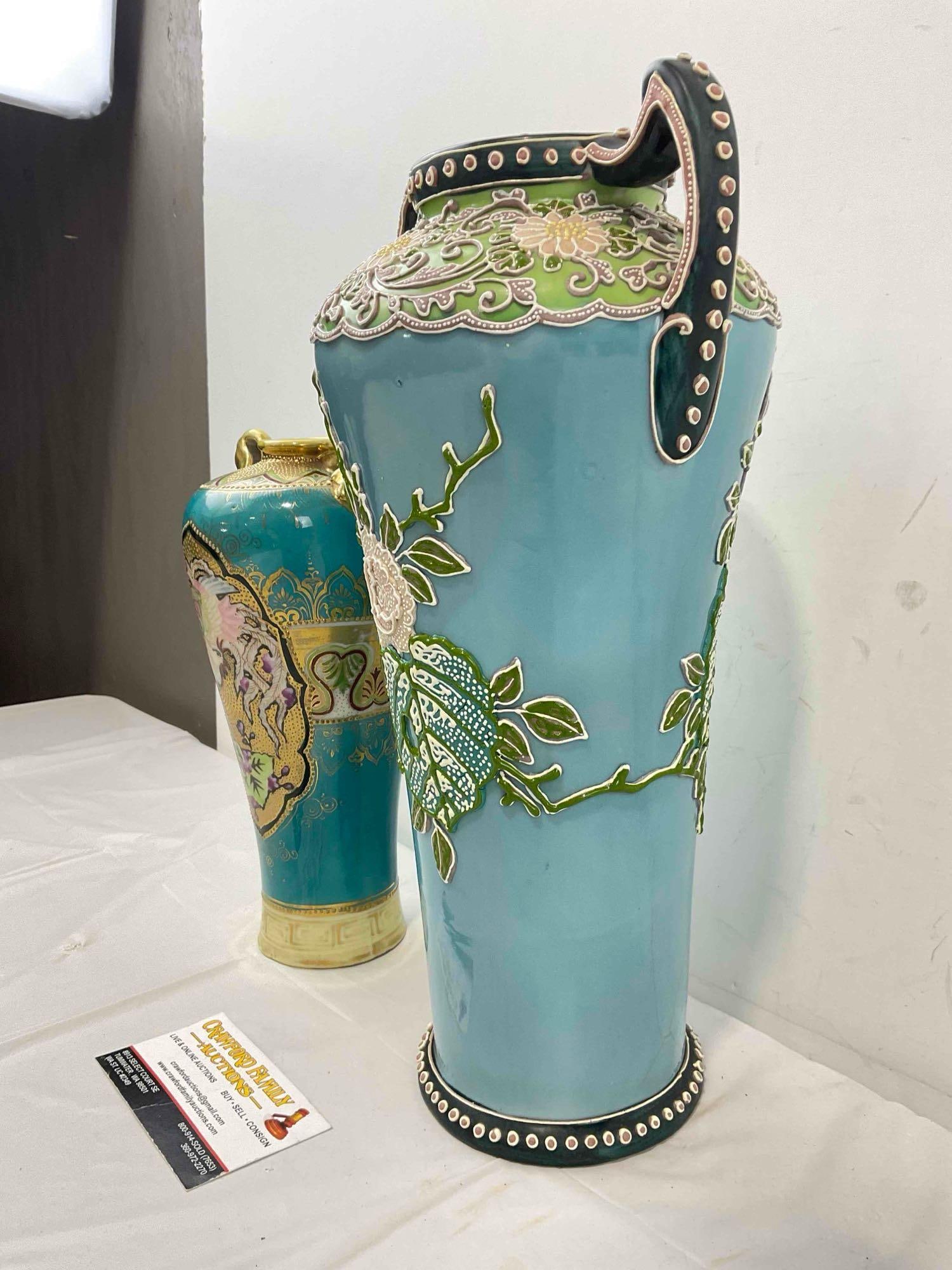 2 pcs Vintage Ceramic Blue Vases Attributed to Nippon, 1x Textured Moriage & More! See pics. - 2