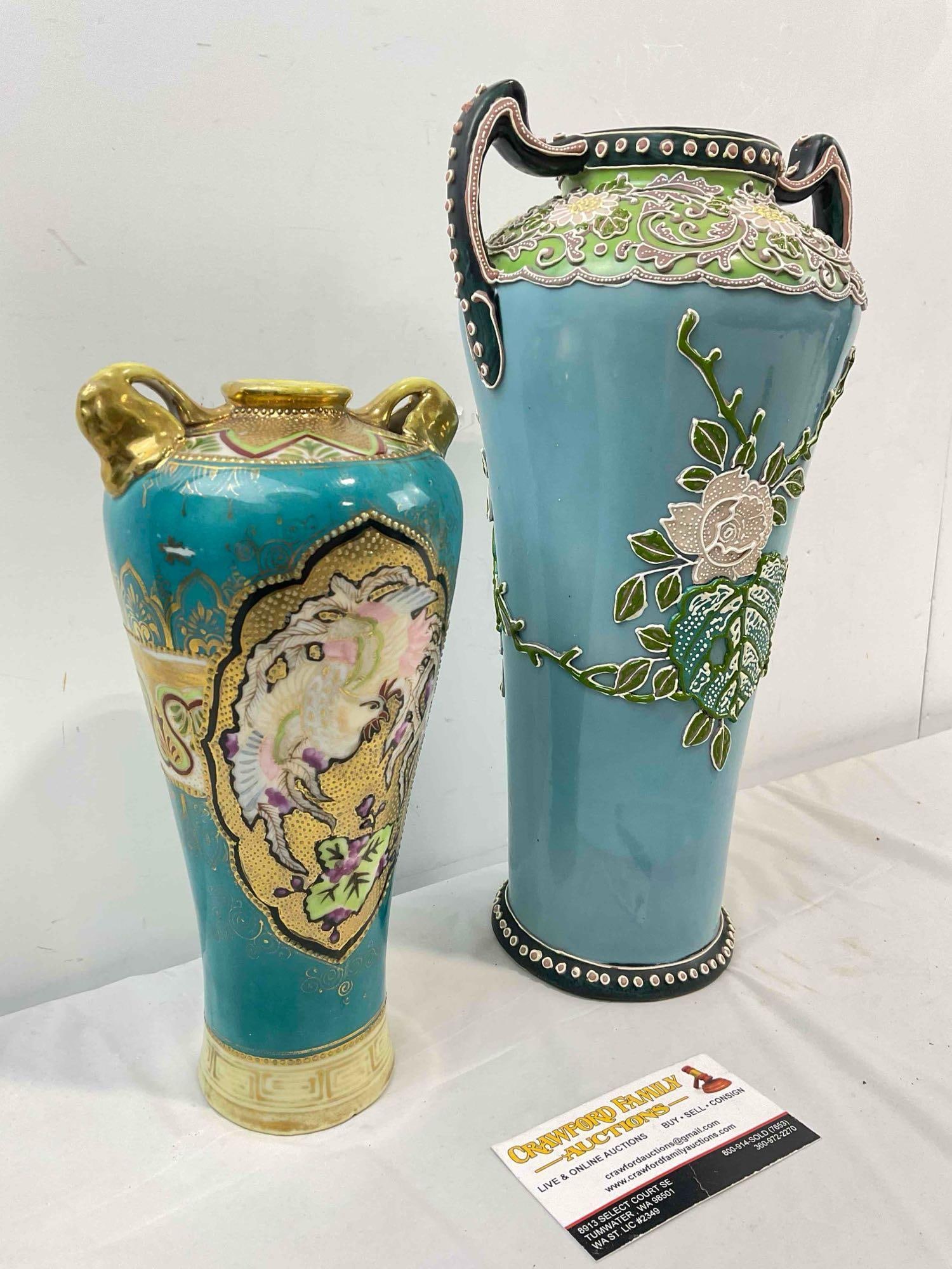 2 pcs Vintage Ceramic Blue Vases Attributed to Nippon, 1x Textured Moriage & More! See pics. - 3