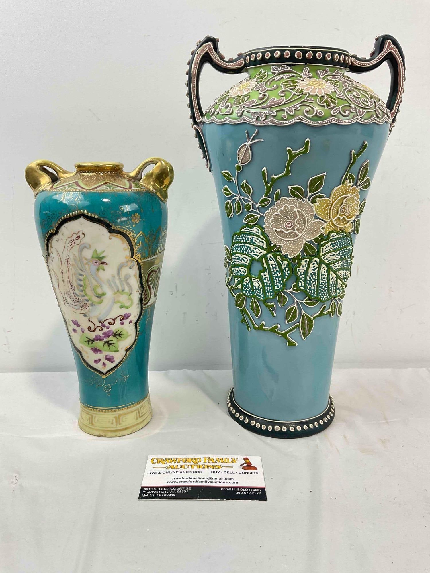 2 pcs Vintage Ceramic Blue Vases Attributed to Nippon, 1x Textured Moriage & More! See pics. - 4