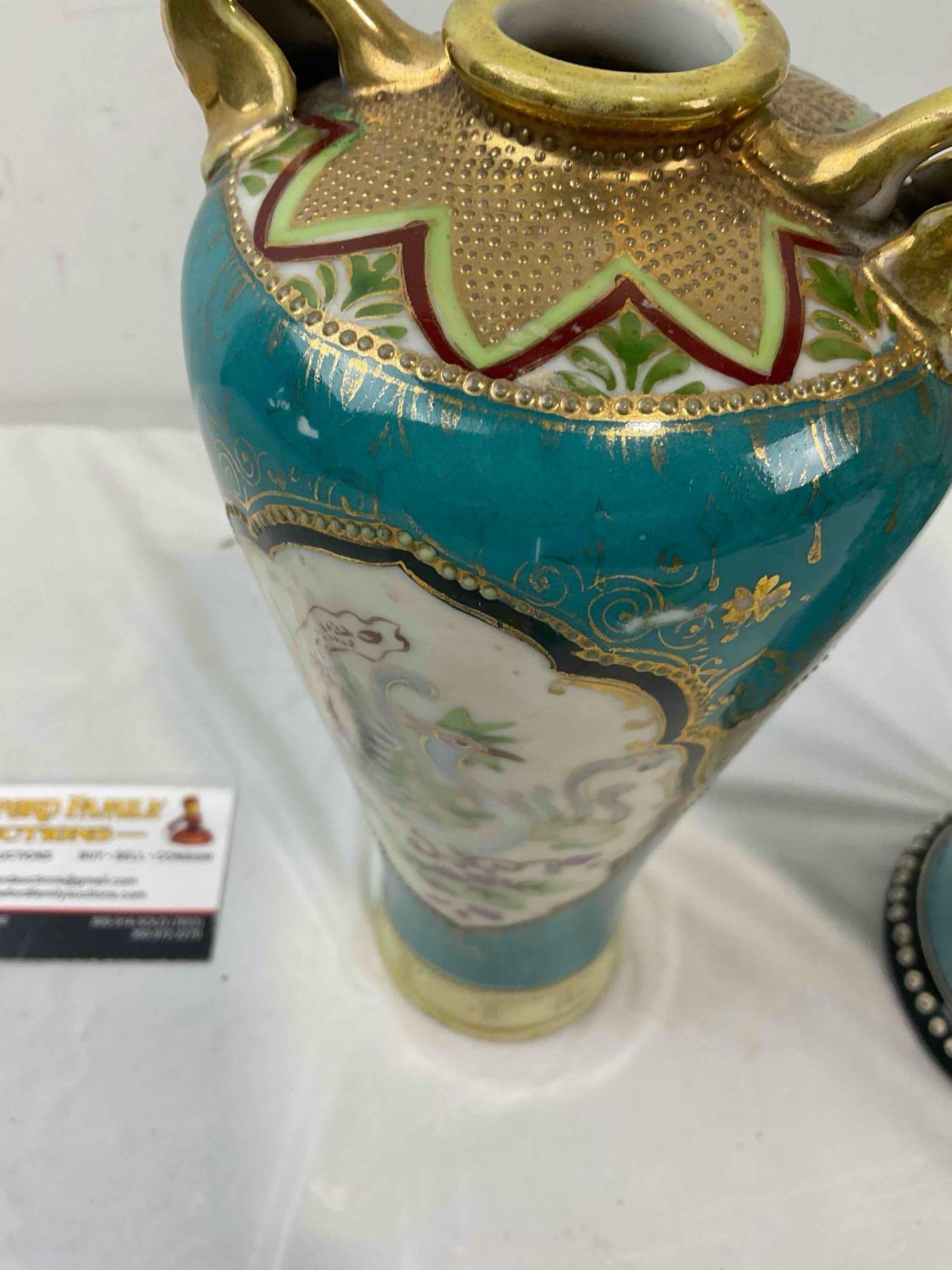 2 pcs Vintage Ceramic Blue Vases Attributed to Nippon, 1x Textured Moriage & More! See pics. - 8