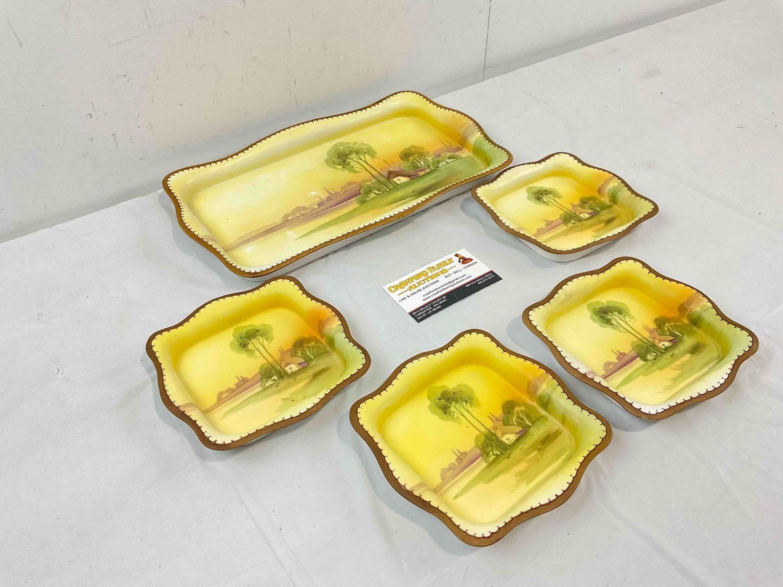 5 pcs Vintage Nippon Hand Painted Yellow China Plates w/ Tree by Lake. Very Good Condition. - 2