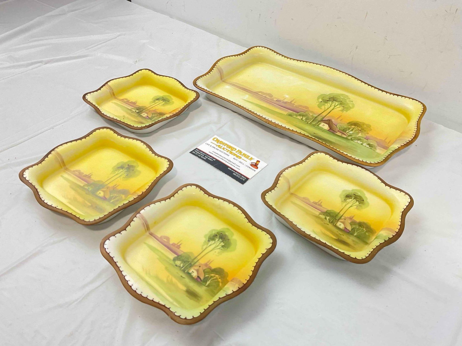 5 pcs Vintage Nippon Hand Painted Yellow China Plates w/ Tree by Lake. Very Good Condition. - 3