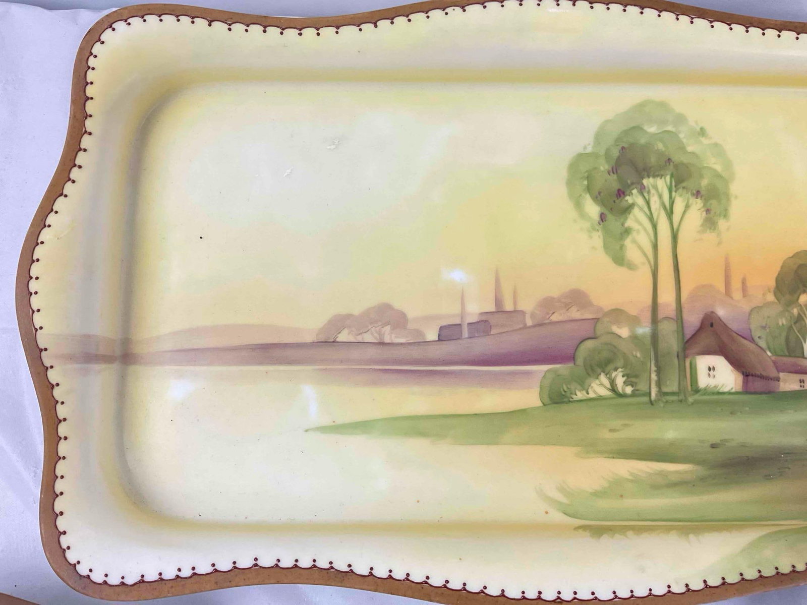 5 pcs Vintage Nippon Hand Painted Yellow China Plates w/ Tree by Lake. Very Good Condition. - 4