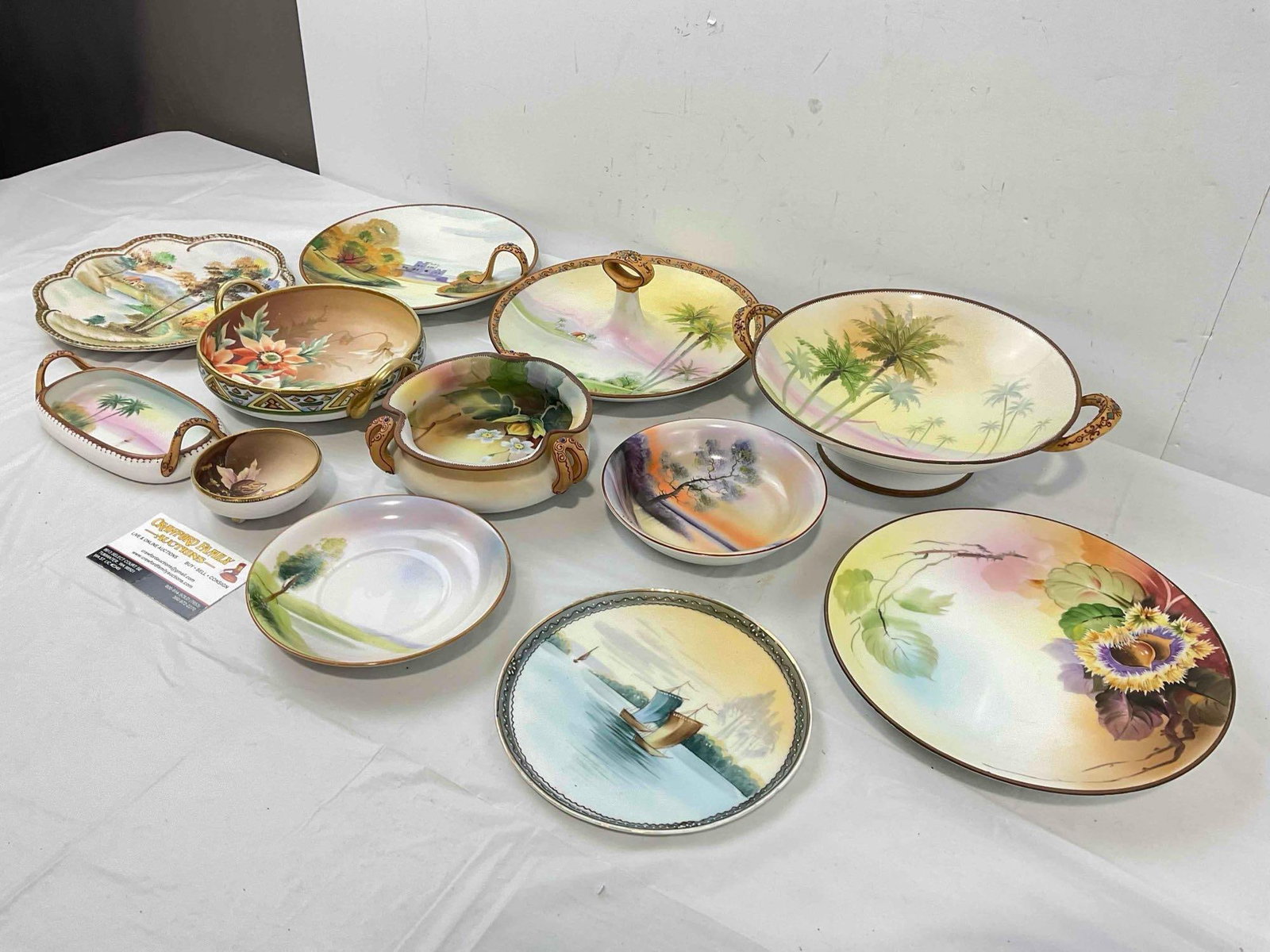 12 pcs Vintage Largely Nippon Japanese Ceramic Dish Set, incl. Florals & Landscape Scenes. - 2