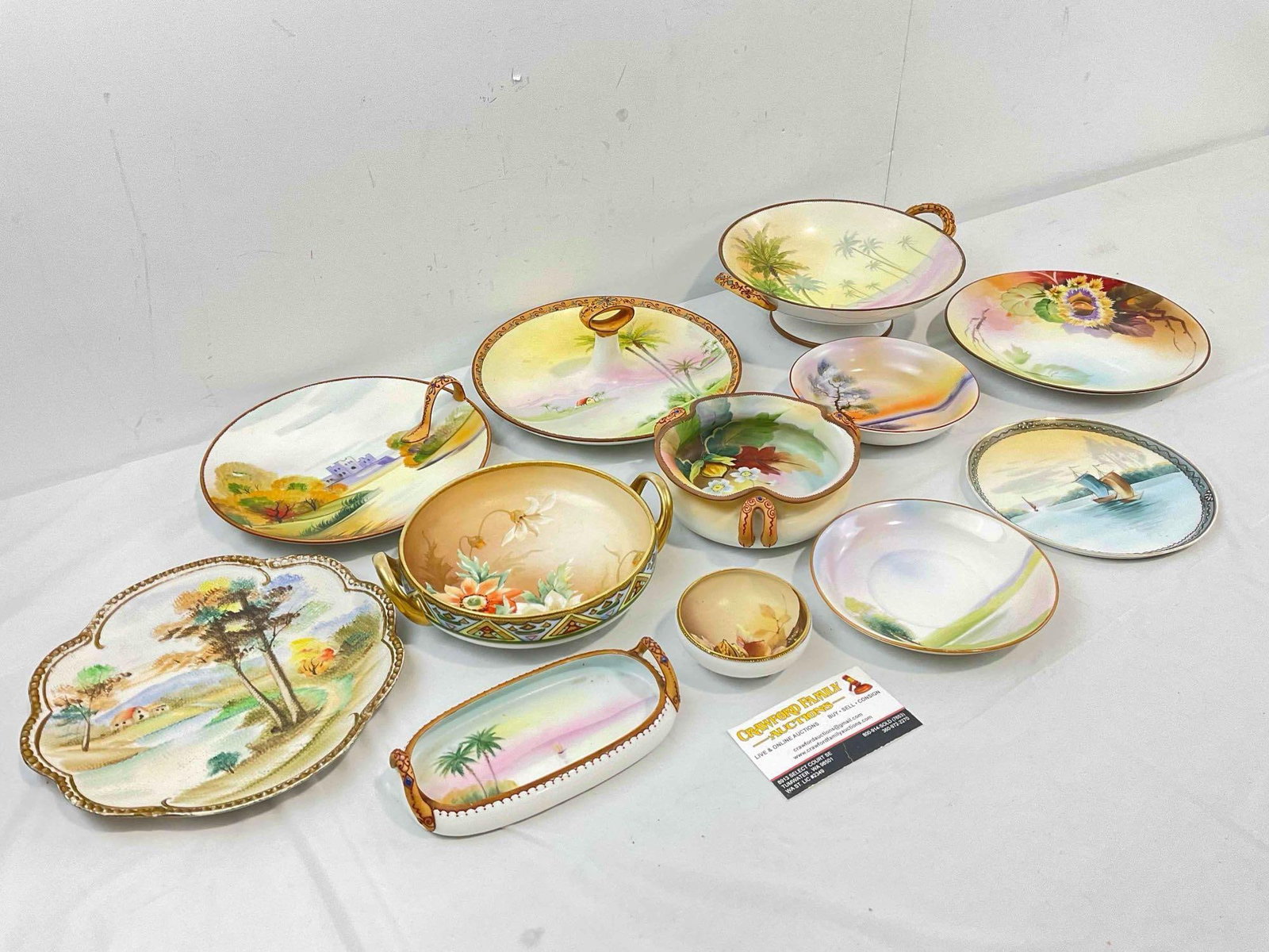 12 pcs Vintage Largely Nippon Japanese Ceramic Dish Set, incl. Florals & Landscape Scenes. - 3