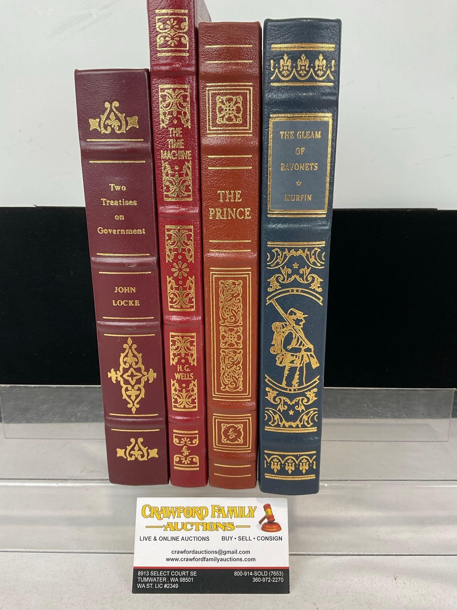 4x Easton Press Gold Leaf Hard Cover Books, Two Treatises on Govt., The Time Machine, The Prince &: Two Treatises on Government by John Locke, The Time Machine by H.G. Wells, The Prince by Niccolo Macchievelli & The Gleam of Bayonets by Murfin. Appears to be in good shape. The piece measures