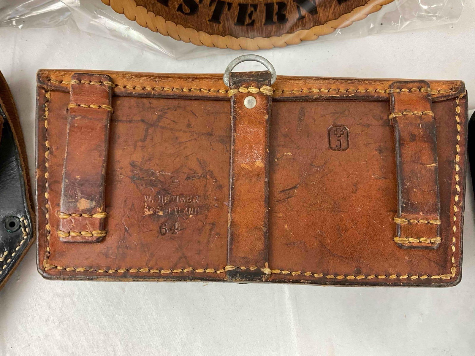 11 pcs Military Memorabilia, incl. Vintage Leather Holsters, Wood Plaques & More! See pics. - 11