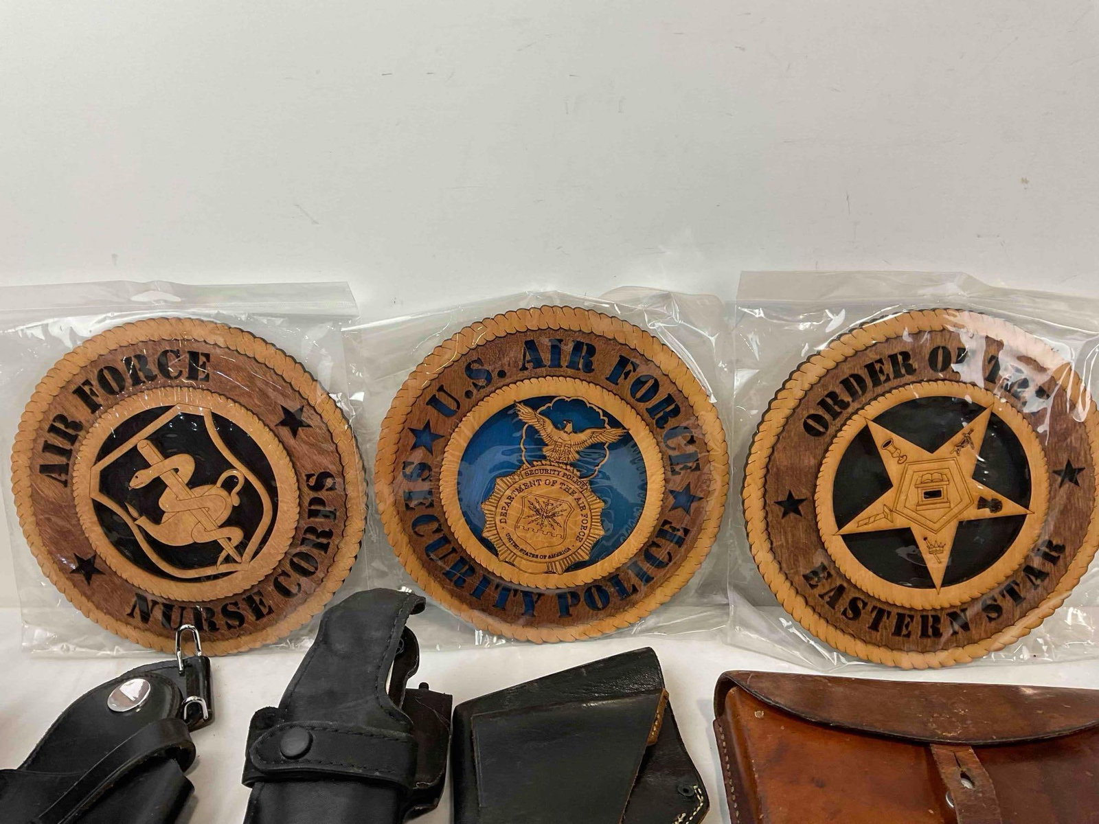 11 pcs Military Memorabilia, incl. Vintage Leather Holsters, Wood Plaques & More! See pics. - 17