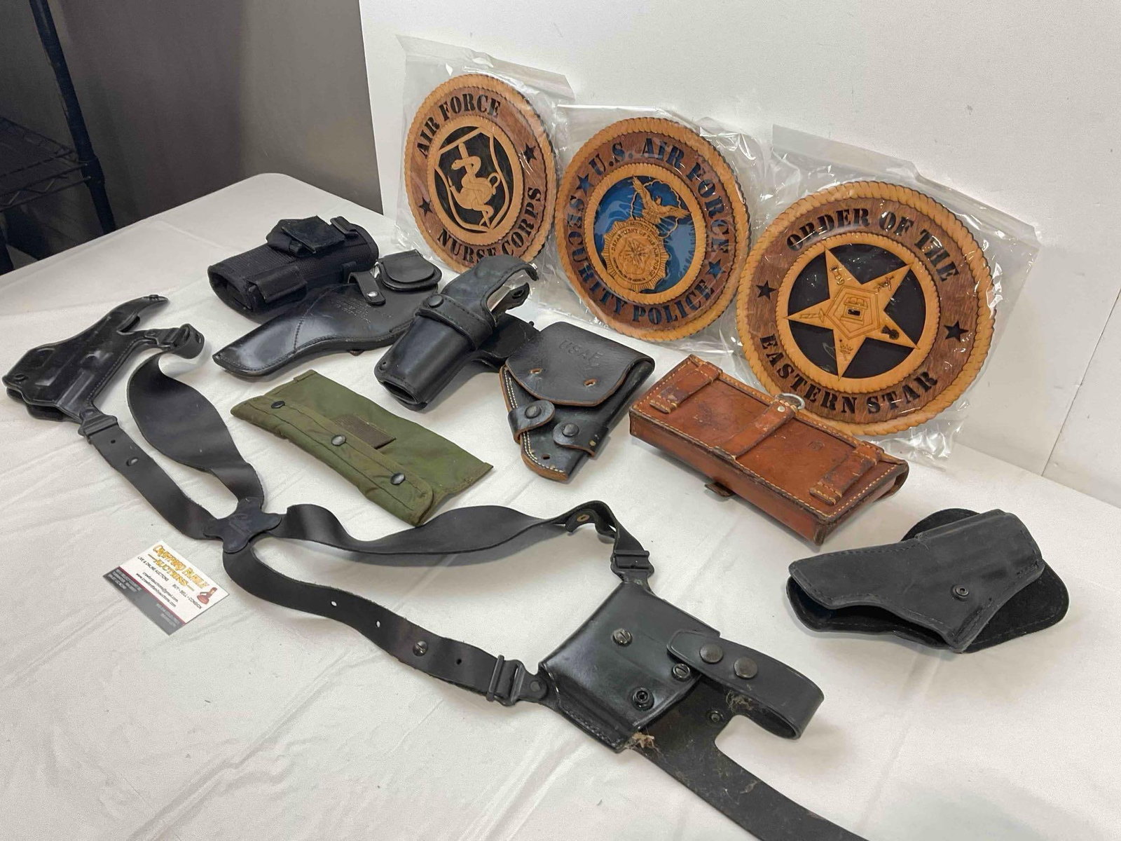 11 pcs Military Memorabilia, incl. Vintage Leather Holsters, Wood Plaques & More! See pics. - 2
