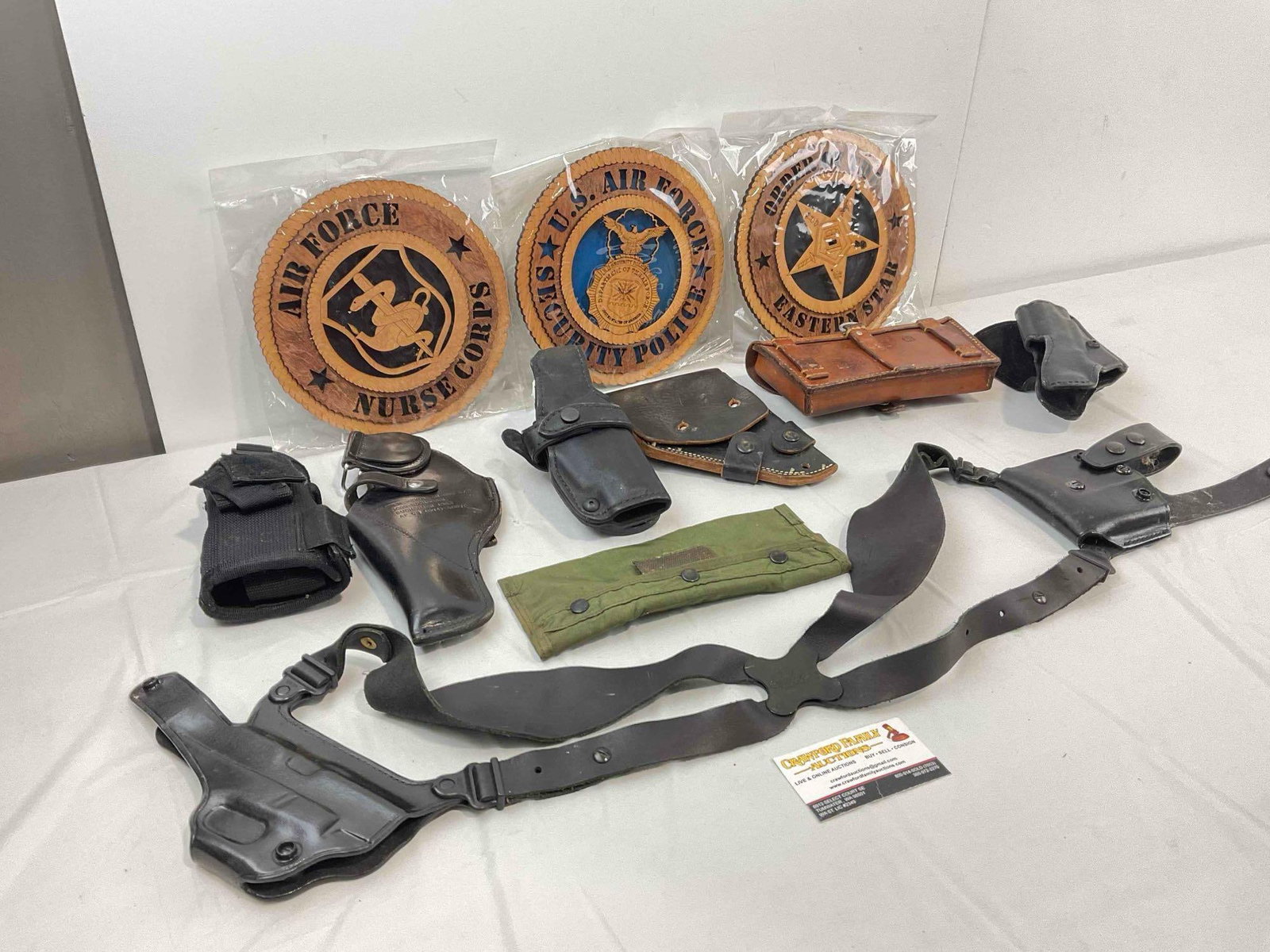 11 pcs Military Memorabilia, incl. Vintage Leather Holsters, Wood Plaques & More! See pics. - 3