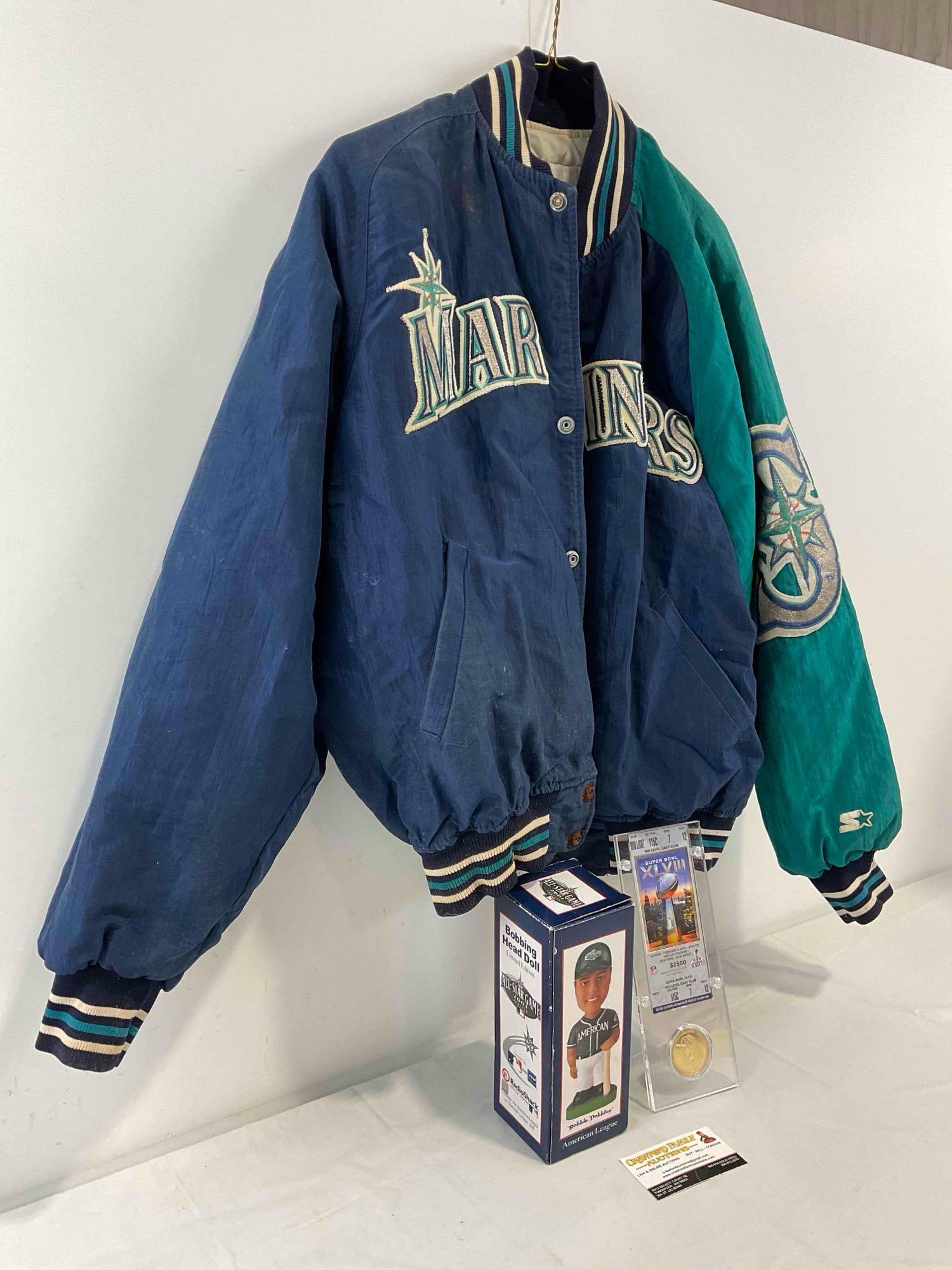 3 pcs Sports Memorabilia, incl. Vintage Diamond Collection by Starter Mariners Jacket, Size M. - 2
