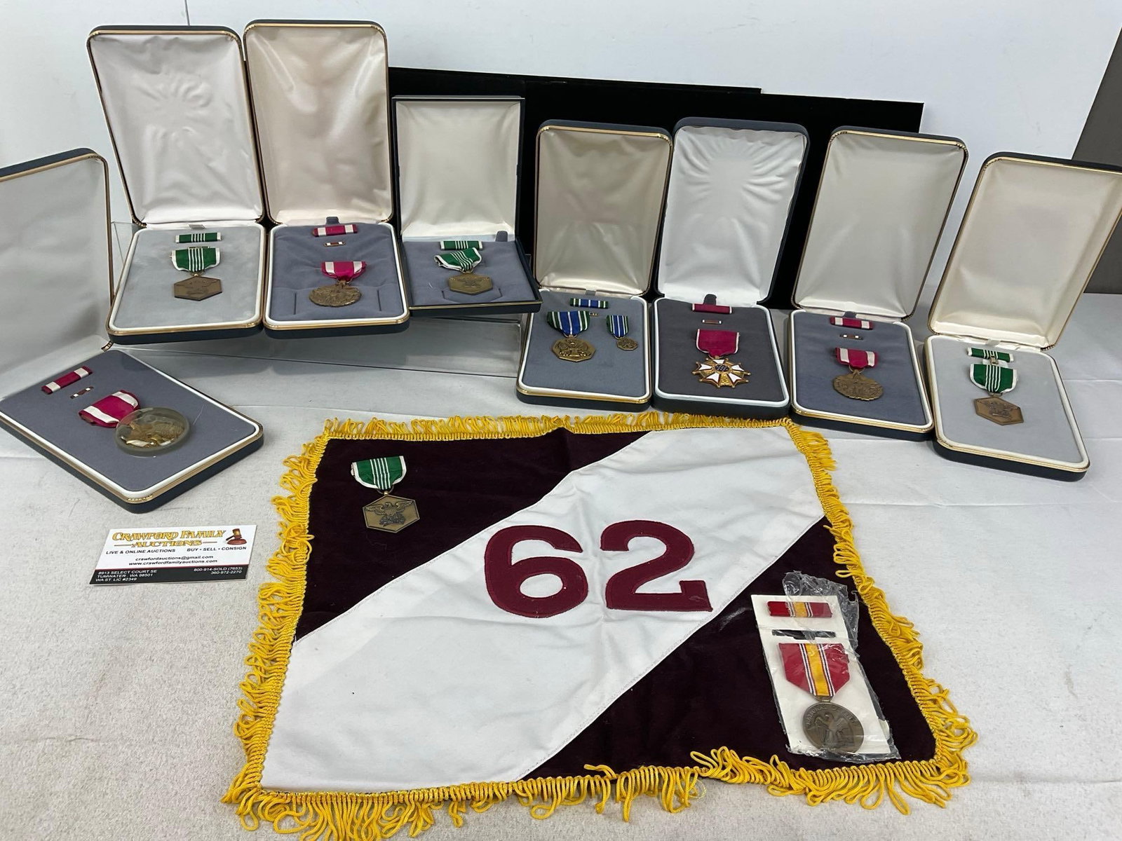 10 US Armed Forced Medals, incl Legion of Merit Medal, Legionnaire level, Small Banner, #62, ...: w/gold fringe, burgundy & white field. Appears to be in good shape. The piece measures approx 10h x 8w x 5d inches. See pics. E-5830