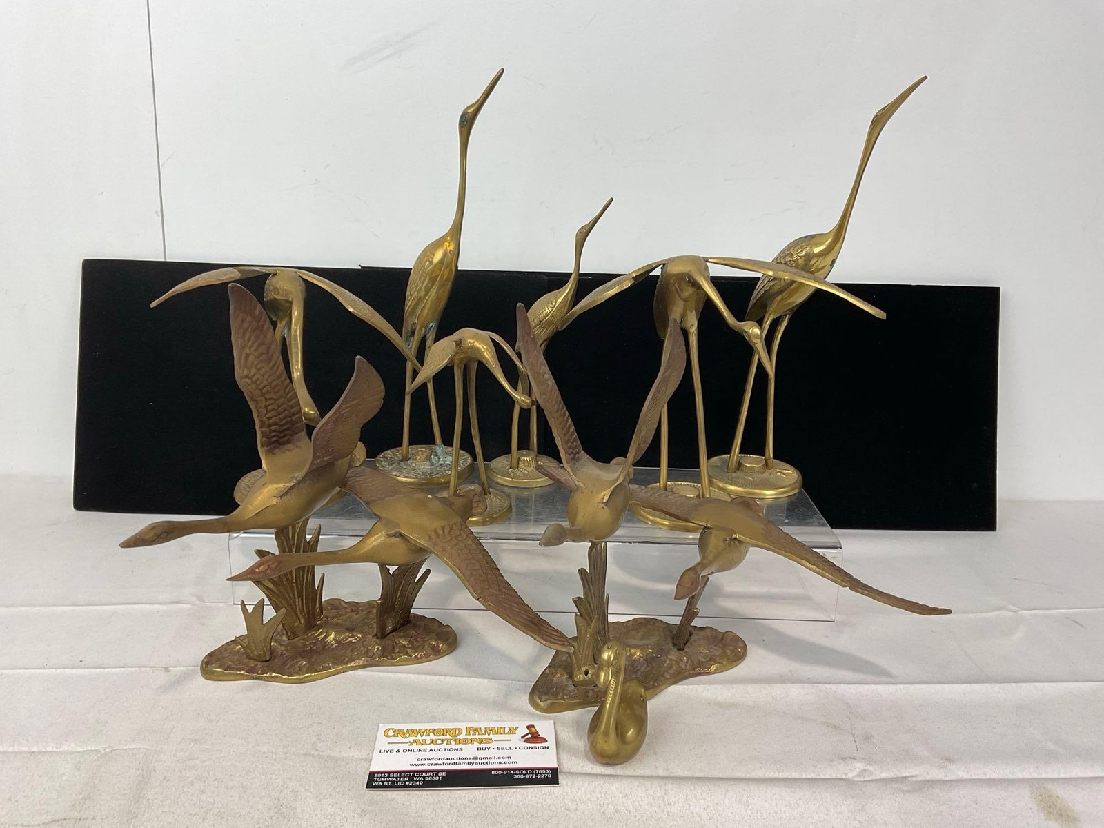 9 Brass Figural Statuettes, Ducks, Geese, Herons & more: Appears to be in good shape. The piece measures approx 10h x 12w x 10d inches. See pics. E-5830