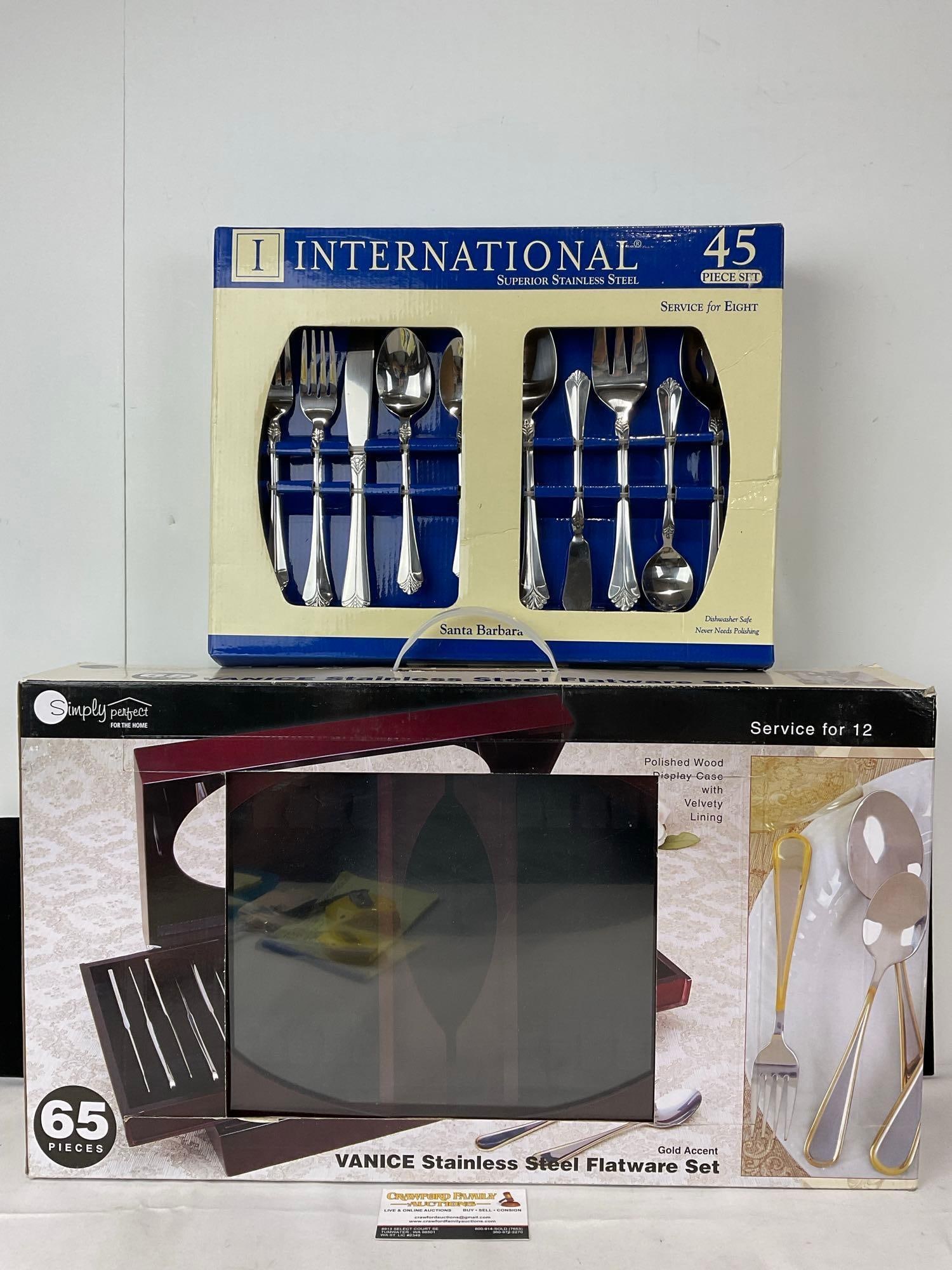 Pair of LNIB Stainless Steel Flatware Sets, International 45 pc set & 65 Simply Perfect set: Appears to be in good shape. The piece measures approx 8h x 23w x 13d inches. See pics. E-5830