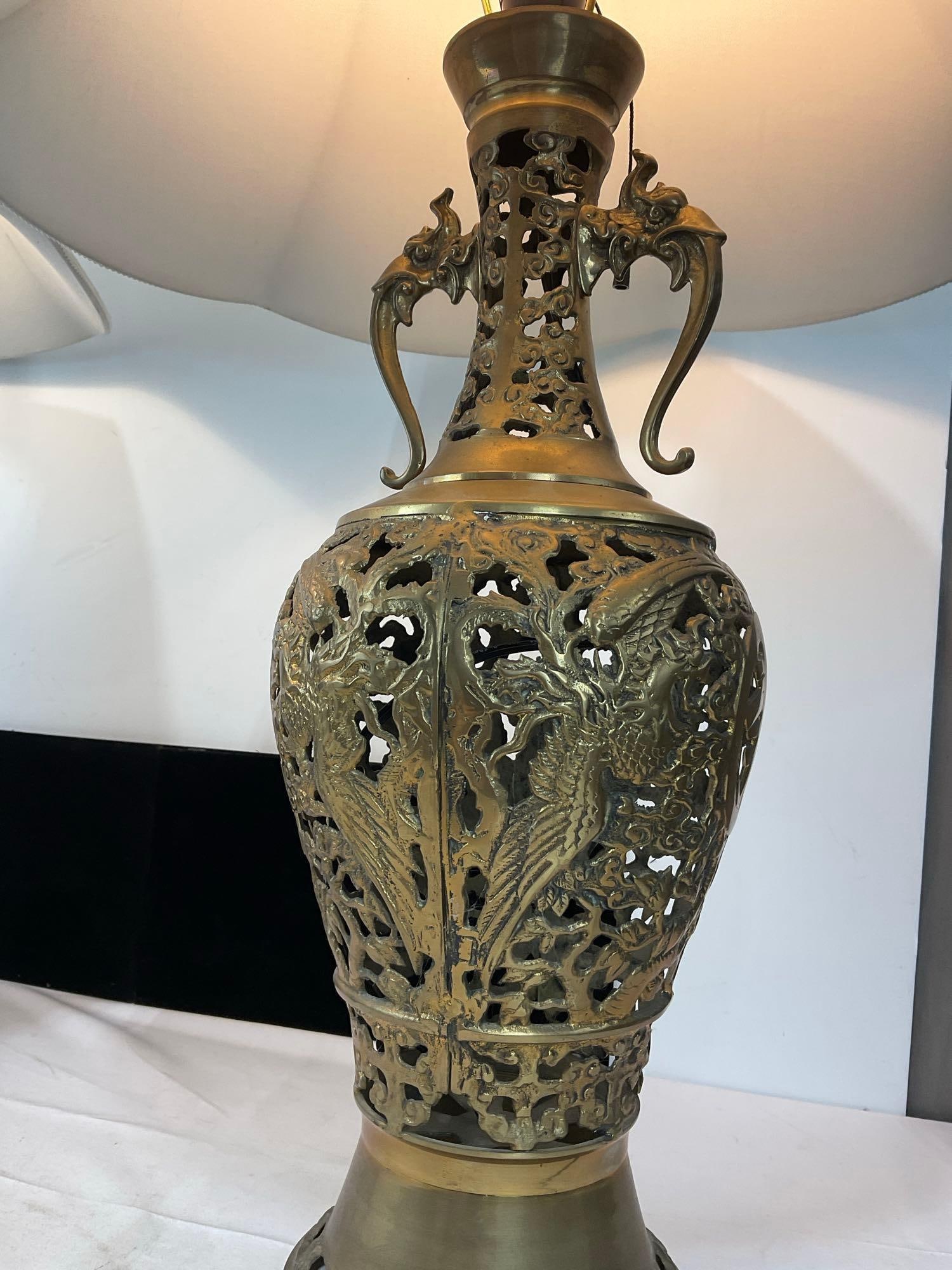 Pair of Vintage Brass Lamps, Openwork, tested & working, w/white shades - 2