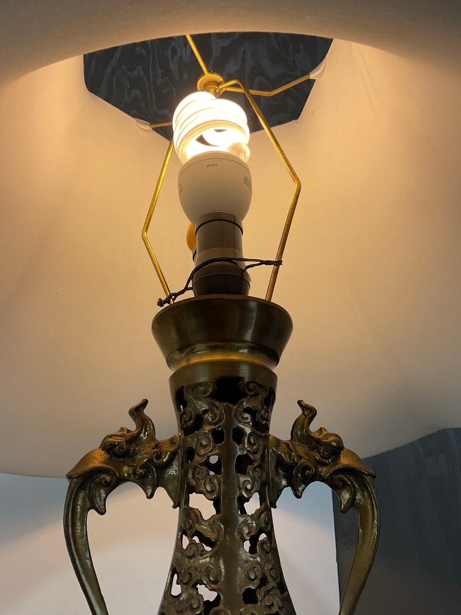 Pair of Vintage Brass Lamps, Openwork, tested & working, w/white shades - 3
