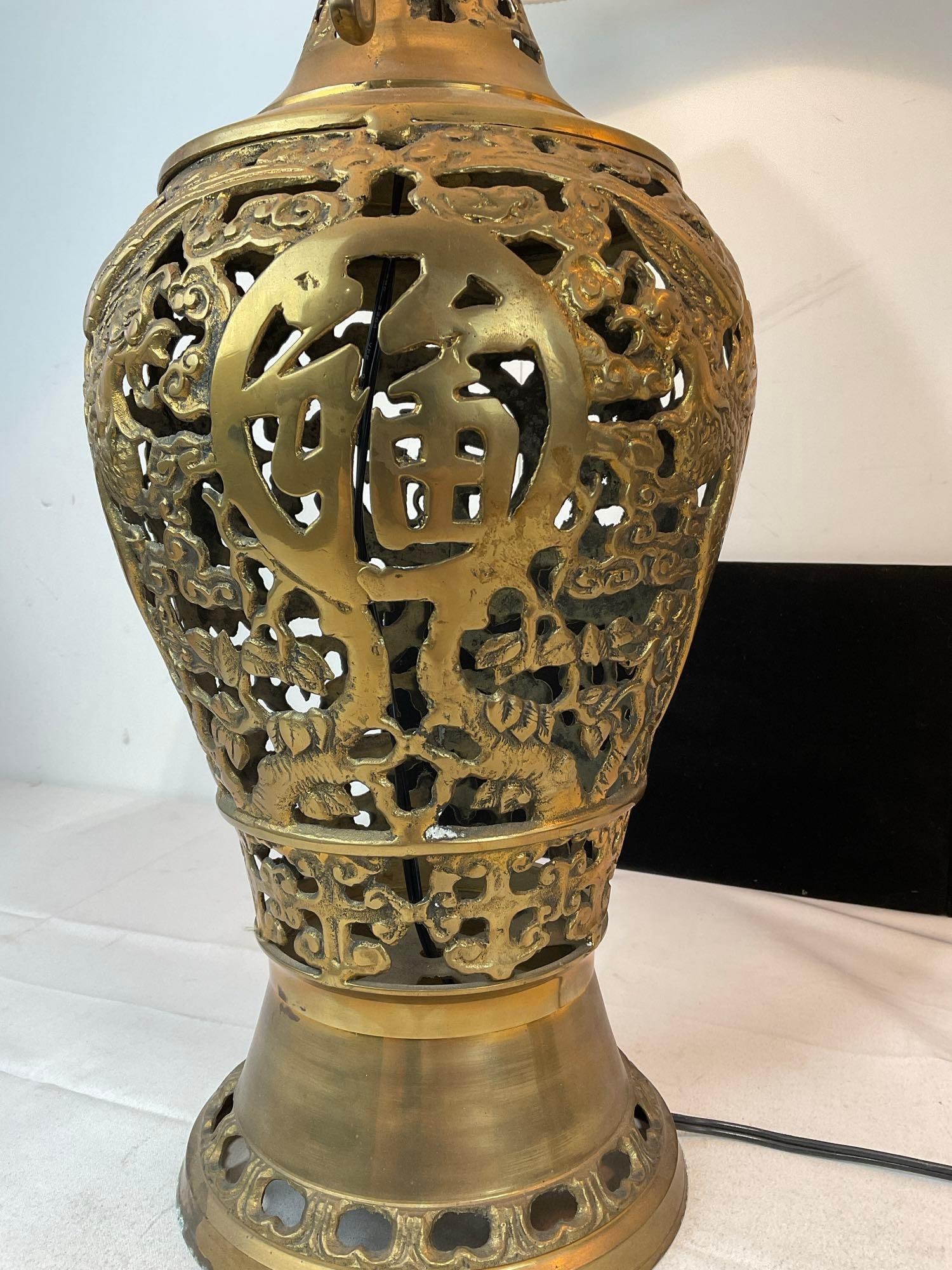 Pair of Vintage Brass Lamps, Openwork, tested & working, w/white shades - 4
