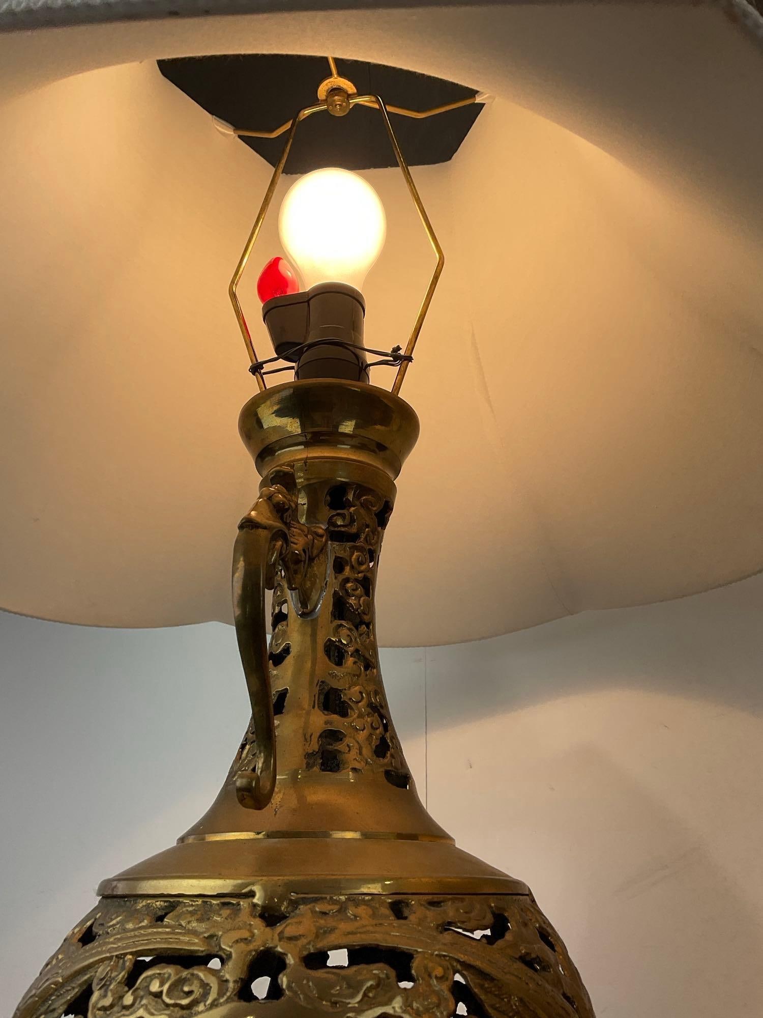 Pair of Vintage Brass Lamps, Openwork, tested & working, w/white shades - 5