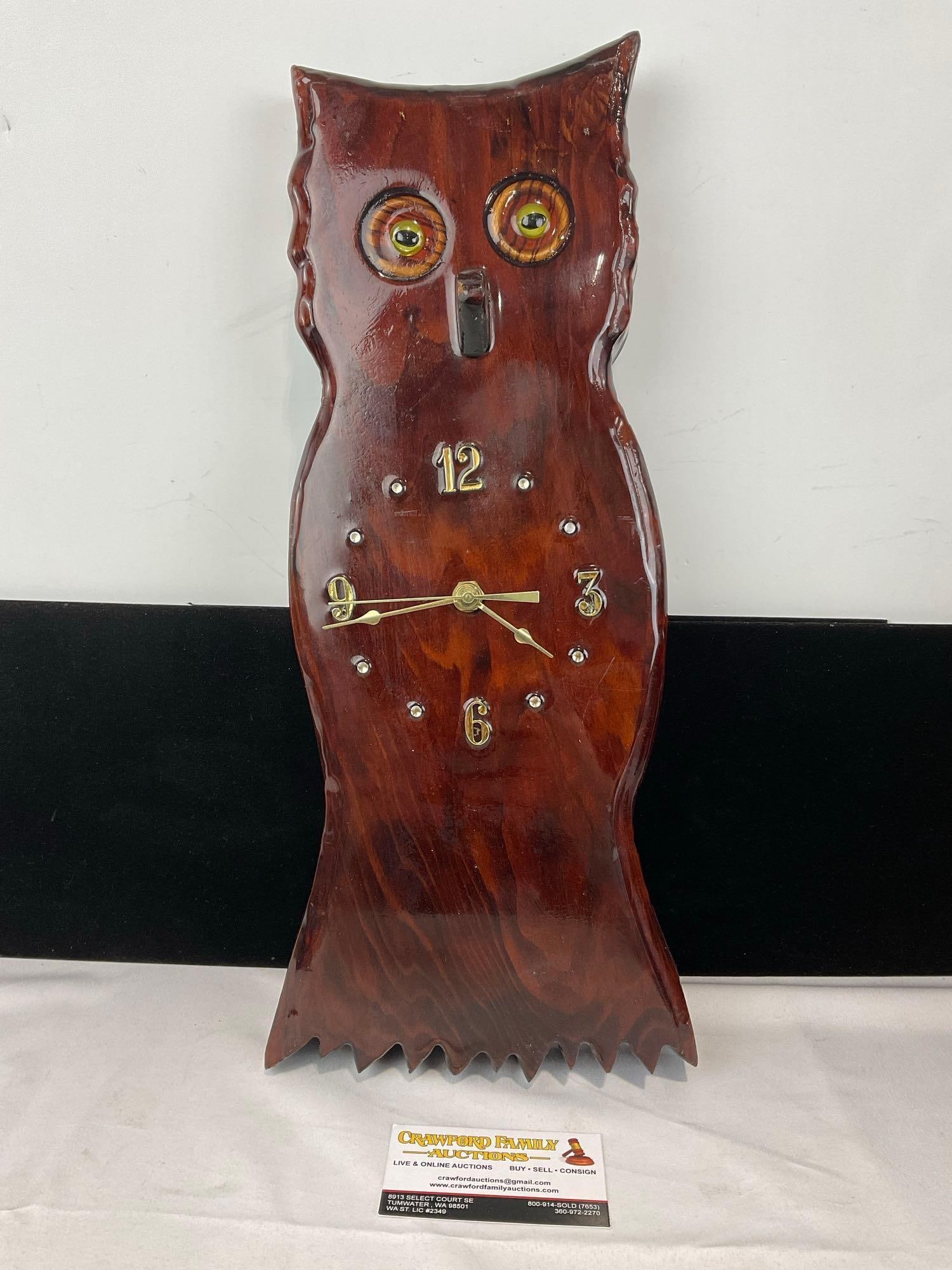 Vintage Handmade Wooden Slab Owl Wall Clock, 1970s Lacquered finish, 19x8x4 inches: Appears to be in fair to good shape, untested, battery powered, has a broken off piece of wood on the ear. The piece measures approx 19h x 8w x 4d inches. See pics. E-5830