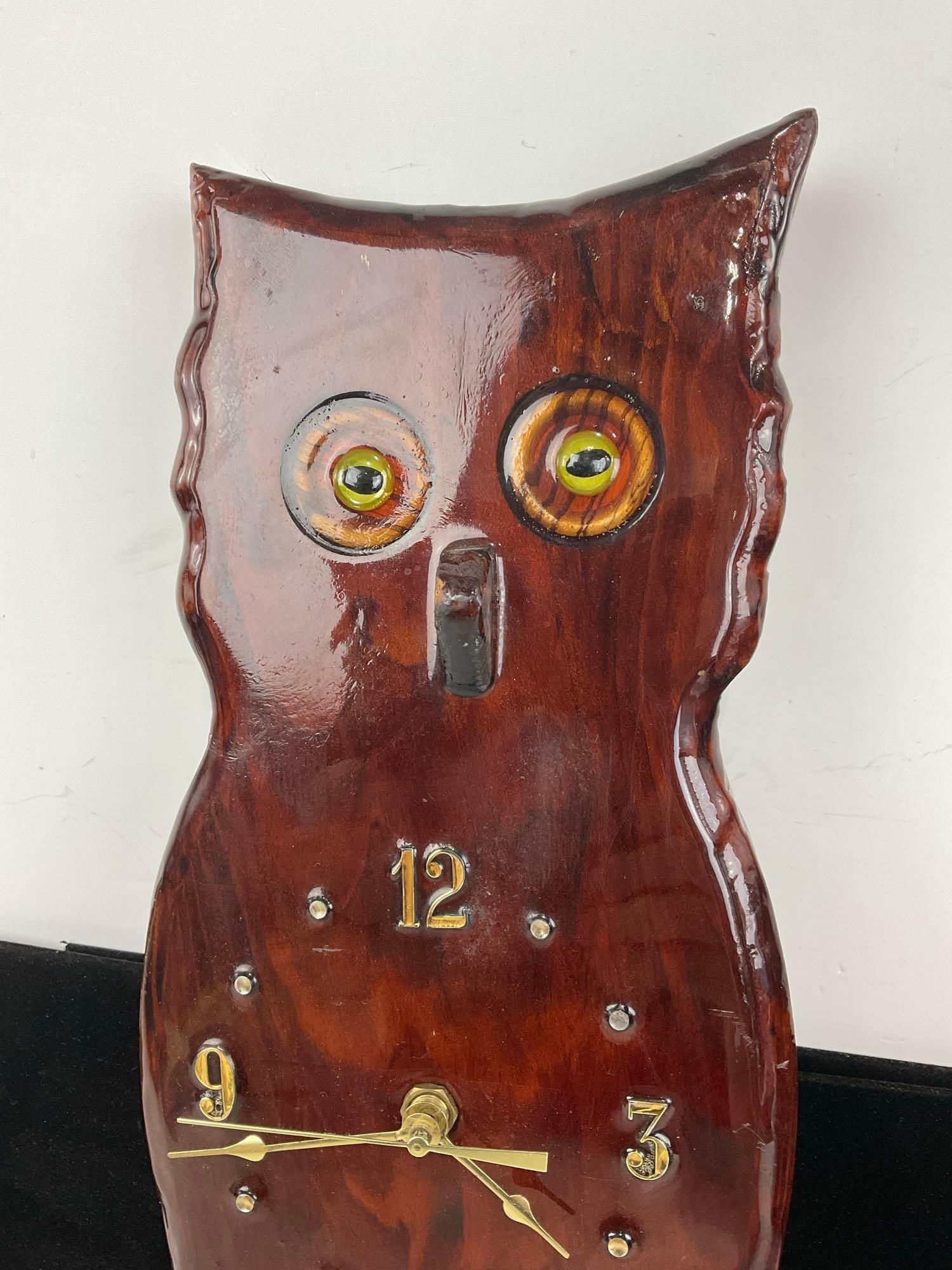 Vintage Handmade Wooden Slab Owl Wall Clock, 1970s Lacquered finish, 19x8x4 inches - 2