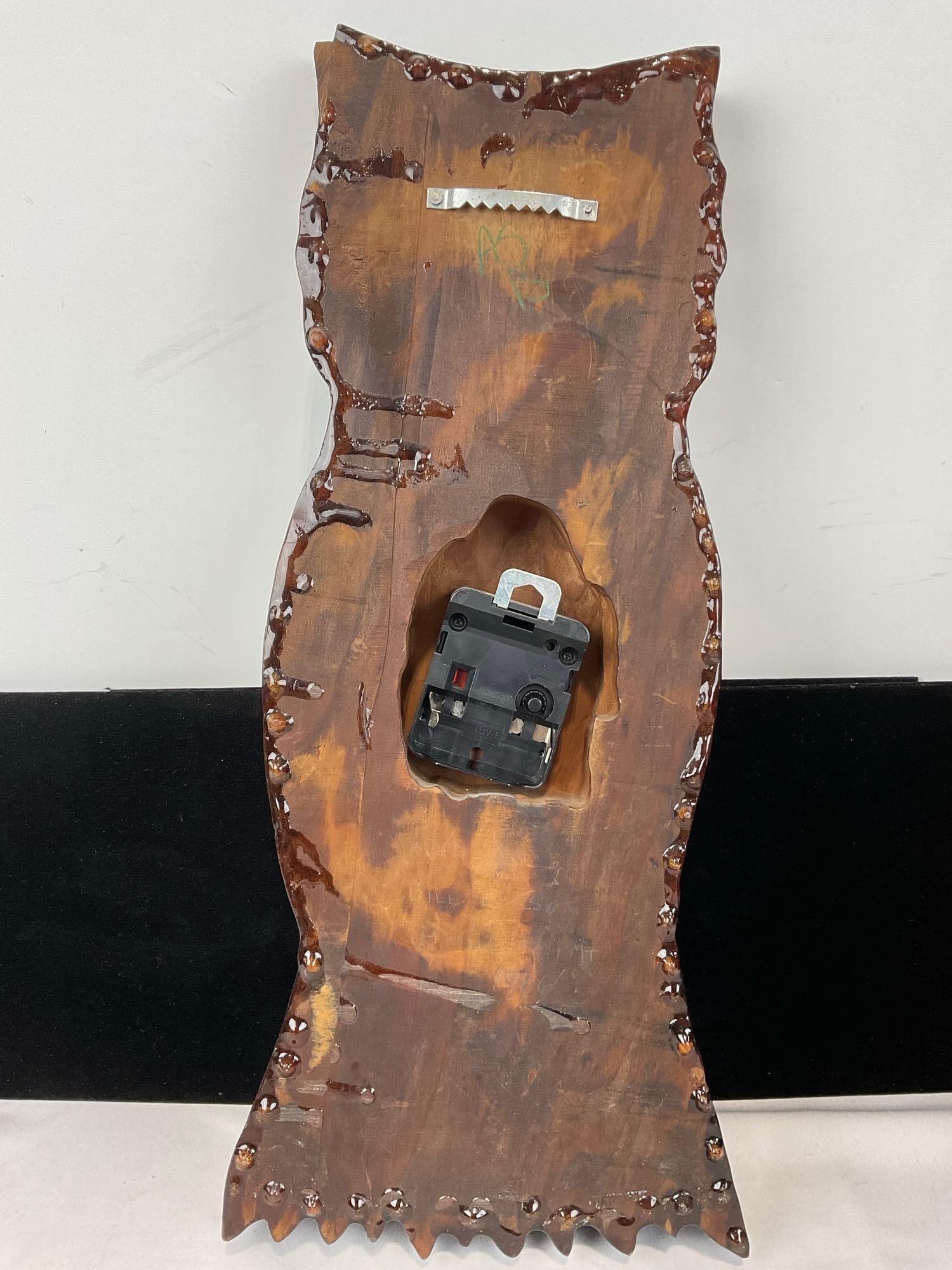 Vintage Handmade Wooden Slab Owl Wall Clock, 1970s Lacquered finish, 19x8x4 inches - 4