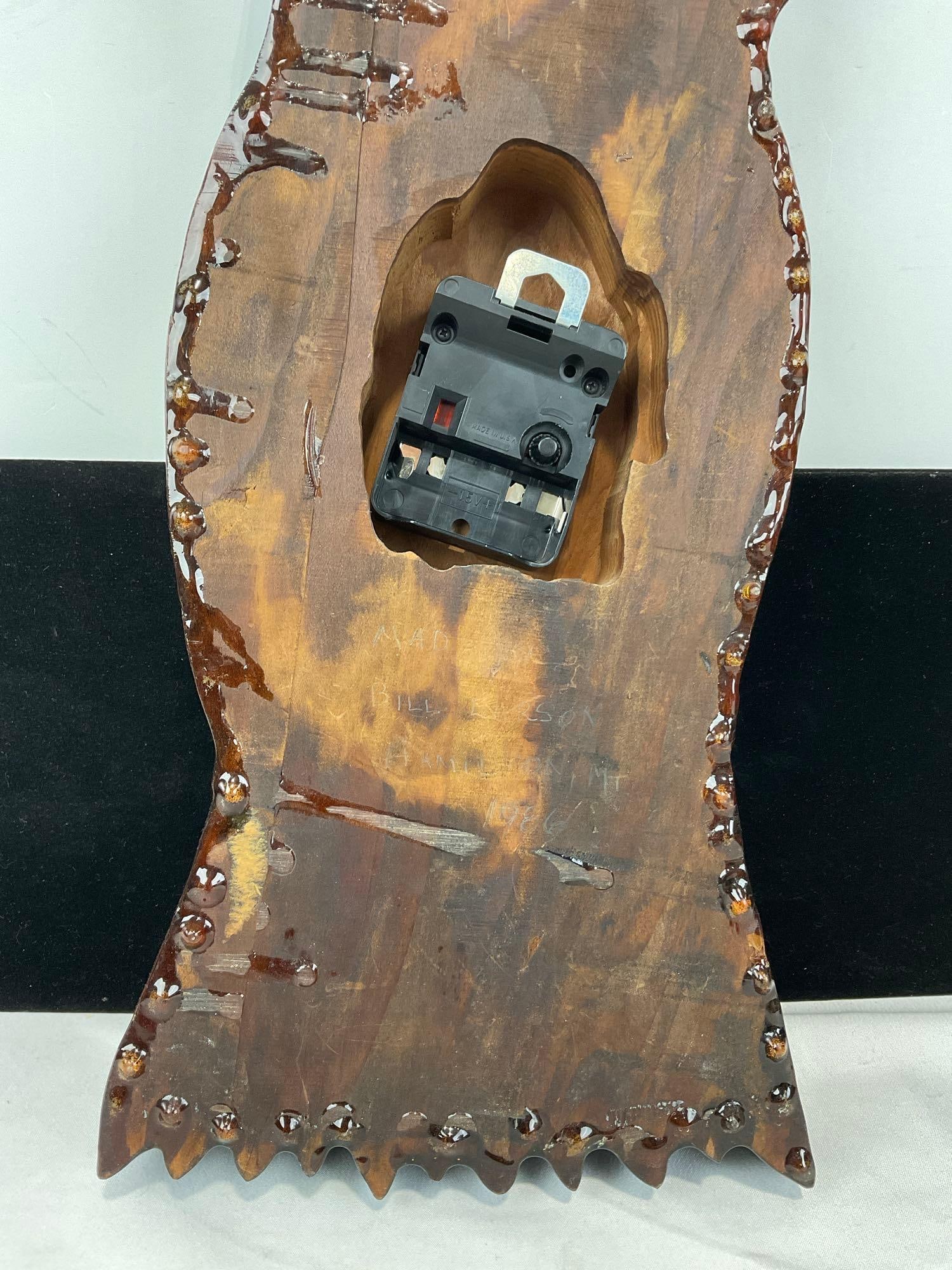 Vintage Handmade Wooden Slab Owl Wall Clock, 1970s Lacquered finish, 19x8x4 inches - 6